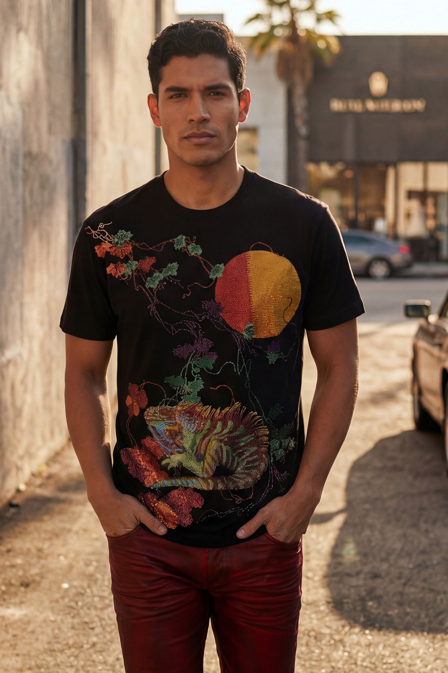 Barabas Men's Rhinestone Iguana Floral Crew-neck T-shirt 6STR03 Black