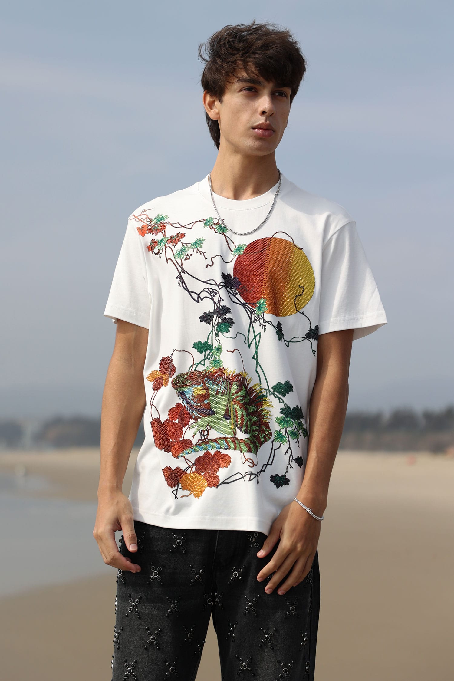 Barabas Men's Rhinestone Iguana Floral Crew-neck T-shirt 6TR03 White