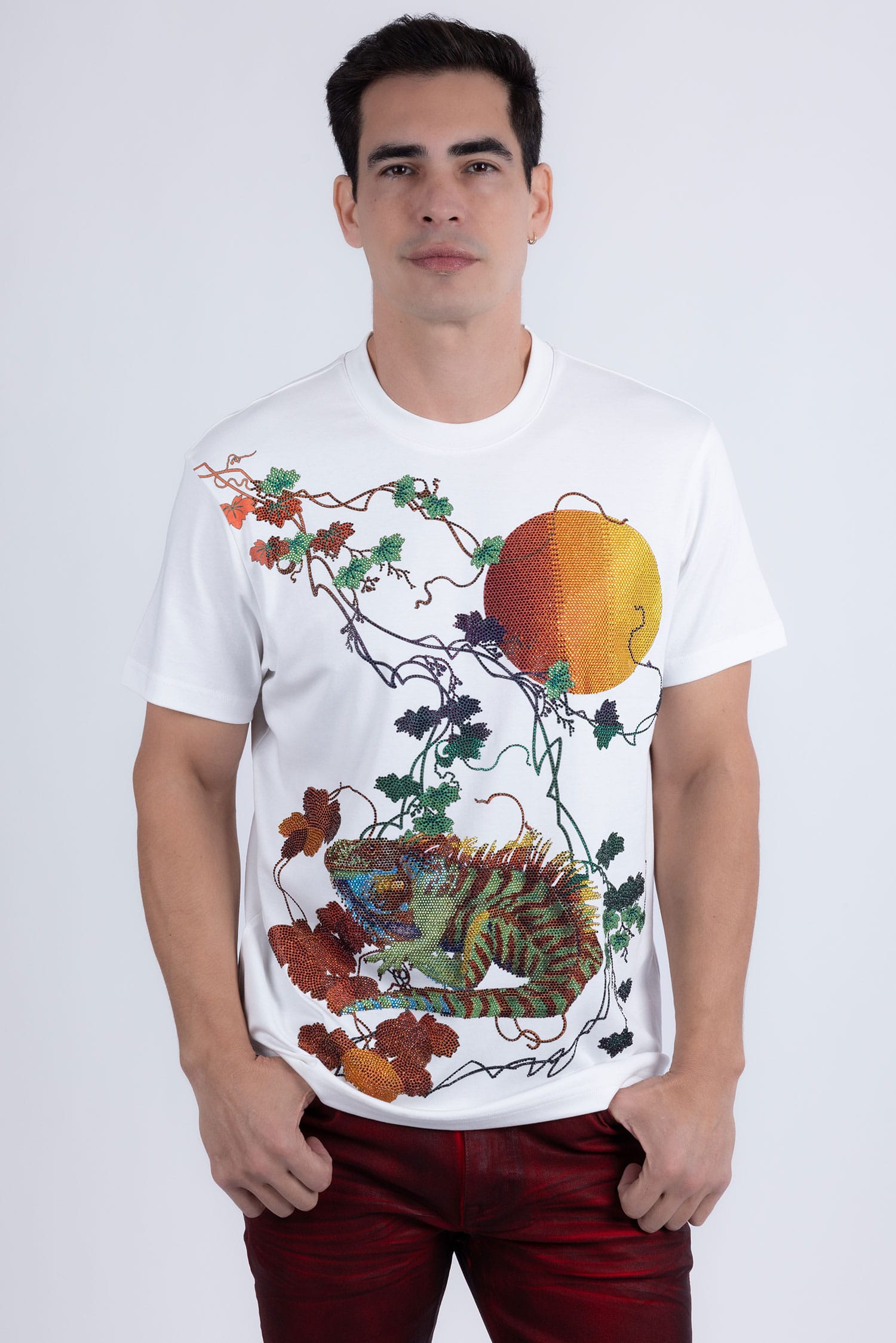 Barabas Men's Rhinestone Iguana Floral Crew-neck T-shirt 6TR03 White