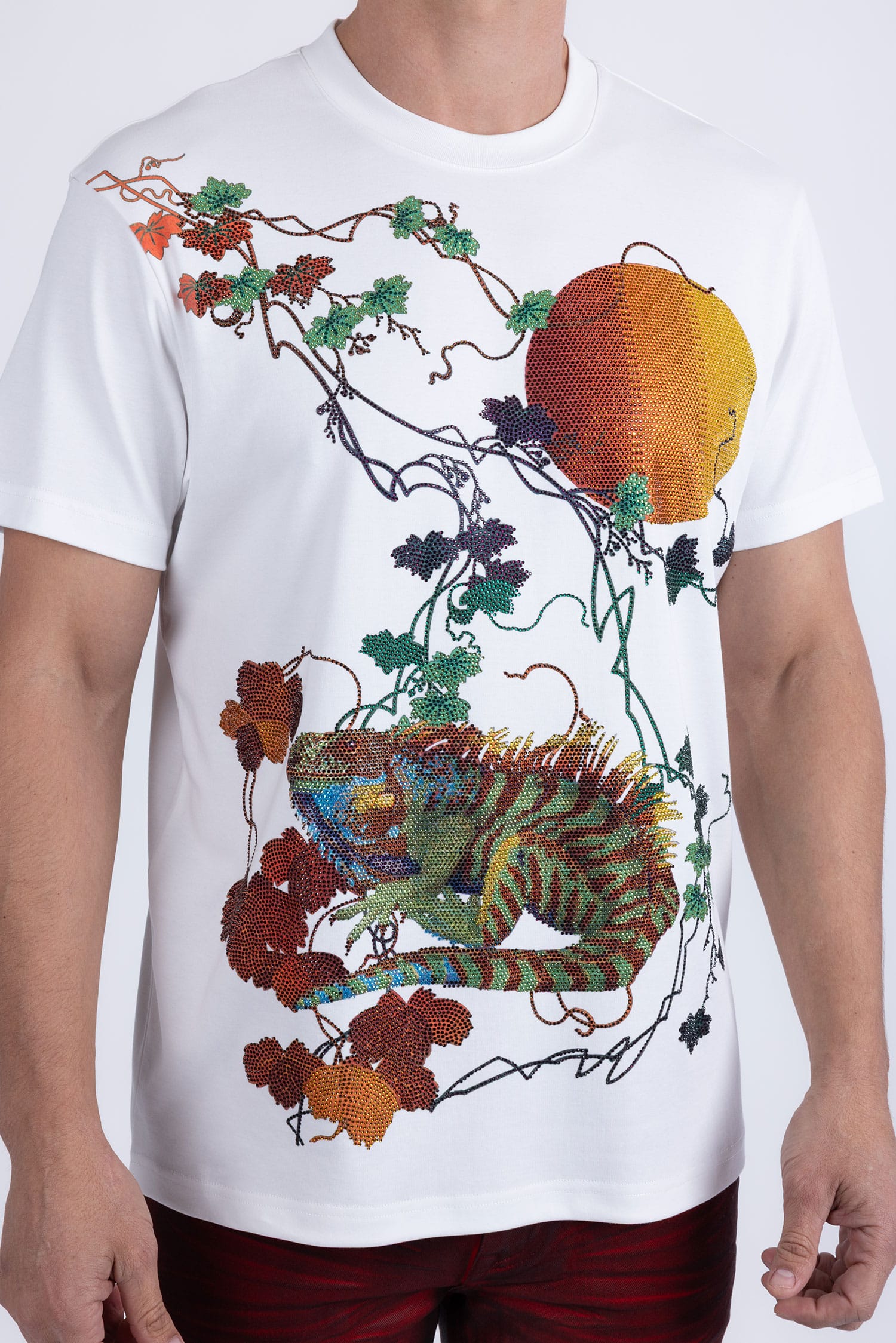 Barabas Men's Rhinestone Iguana Floral Crew-neck T-shirt 6TR03 Multi