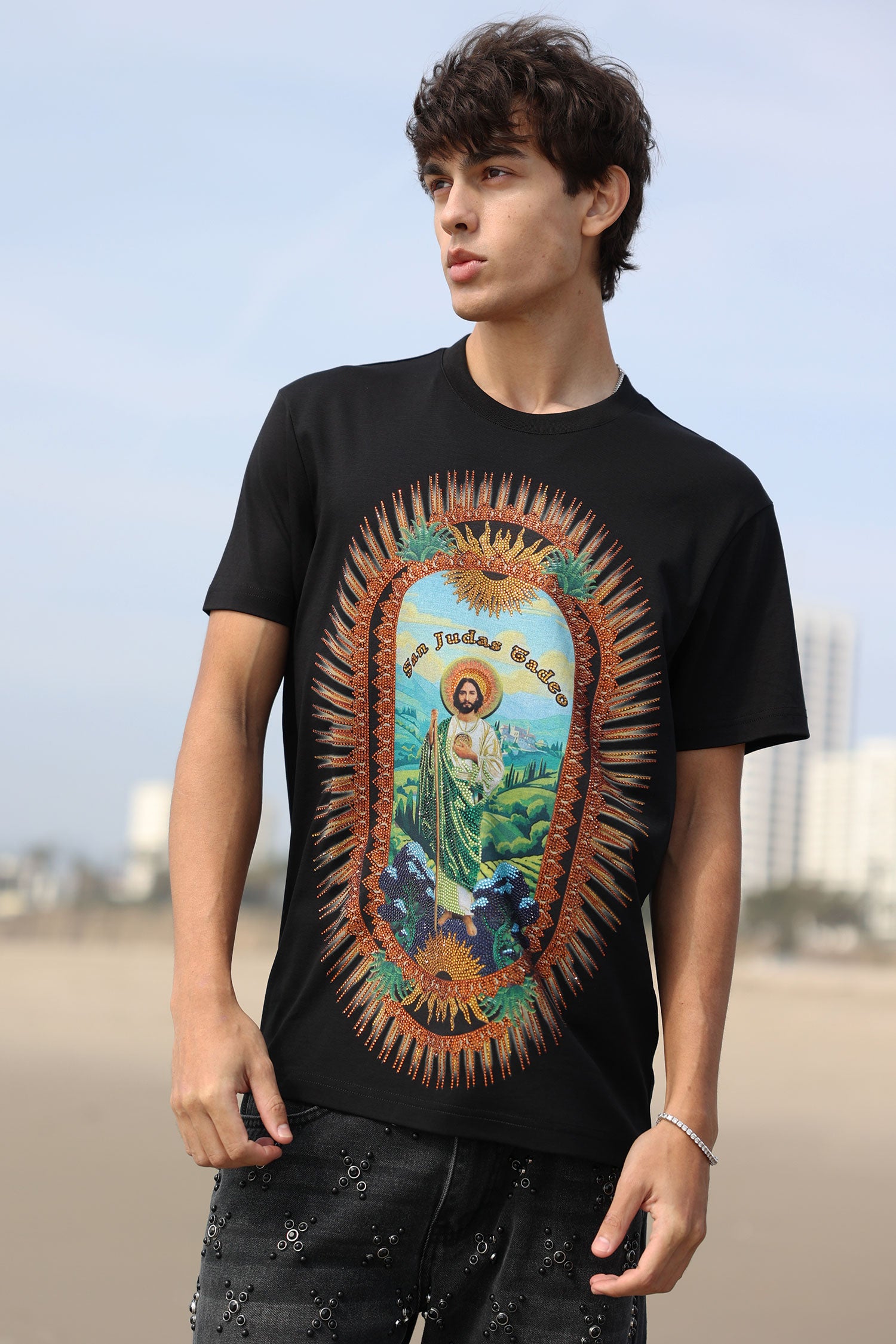 Barabas Men's San Judas Tadeo Rhinestone T-Shirt Crew Neck 6TR04 Black