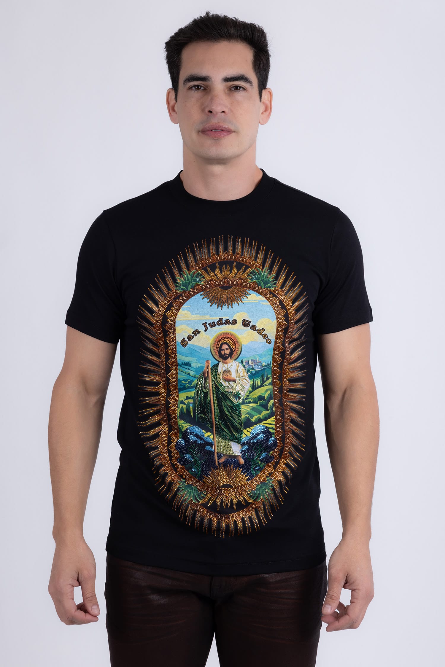 Barabas Men's San Judas Tadeo Rhinestone T-Shirt Crew Neck 6TR04 Black