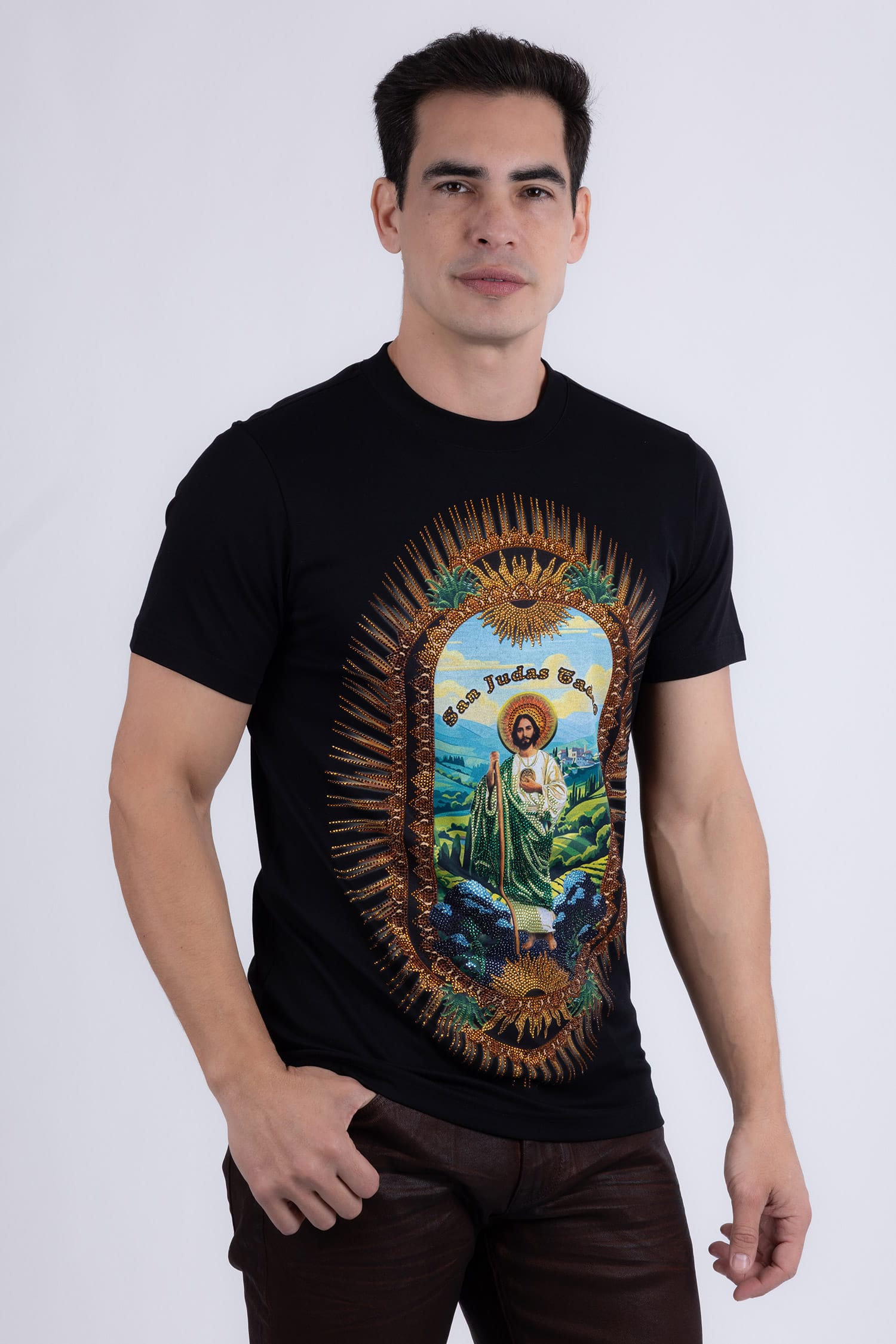 Barabas Men's San Judas Tadeo Rhinestone T-Shirt Crew Neck 6TR04 Black