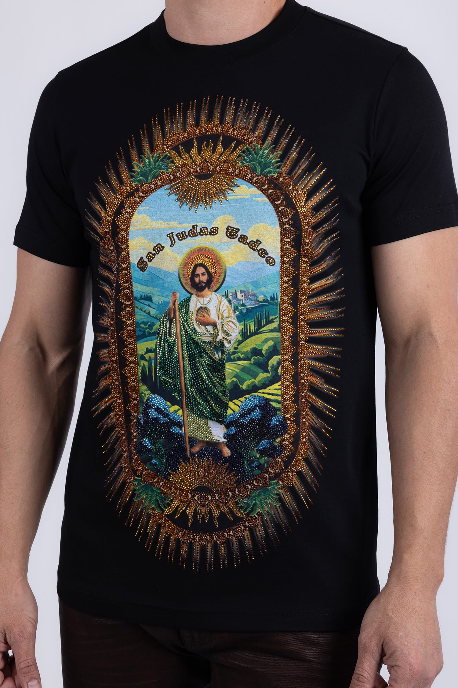 Barabas Men's San Judas Tadeo Rhinestone T-Shirt Crew Neck 6TR04 Black