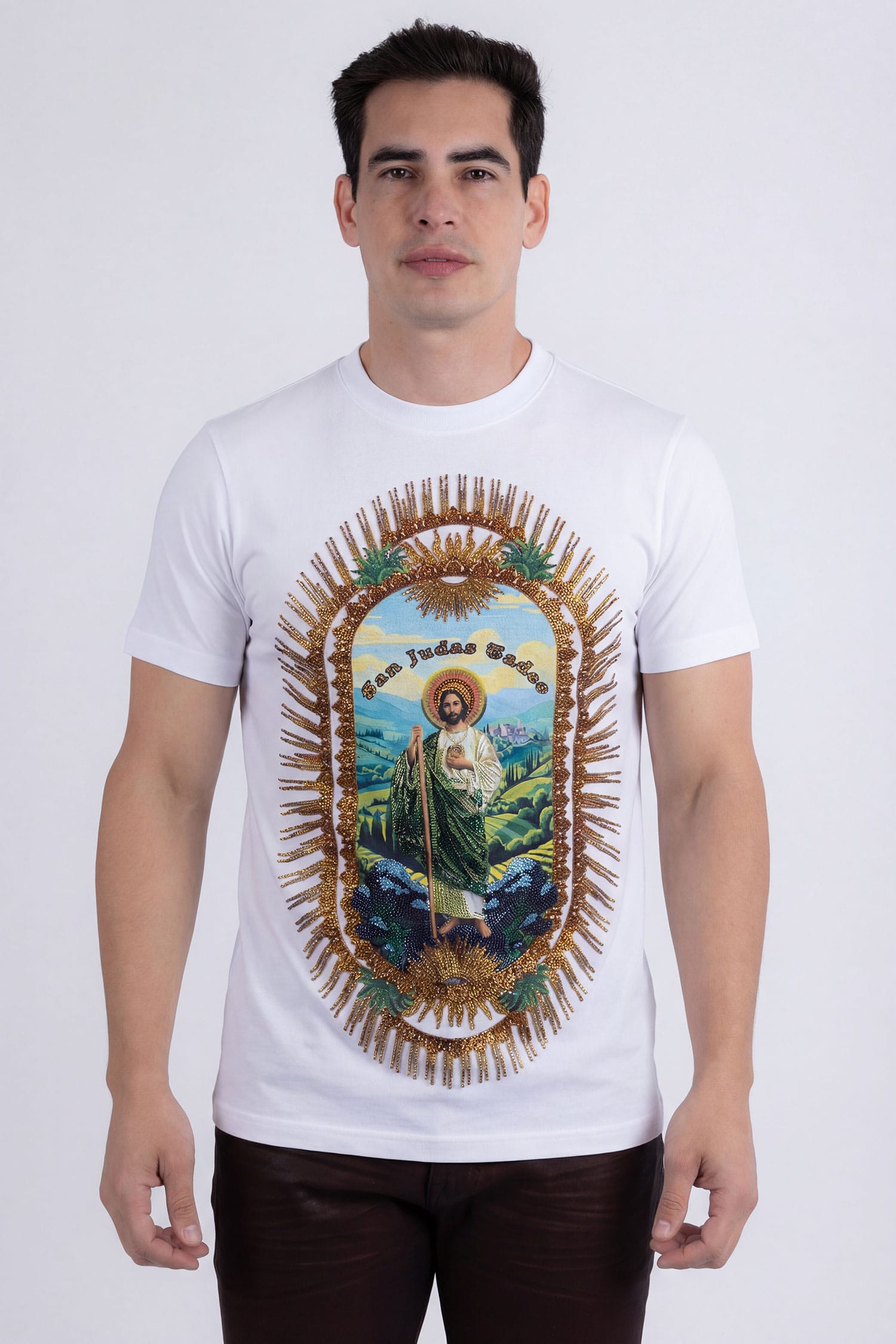 Barabas Men's San Judas Tadeo Rhinestone T-Shirt Crew Neck 6TR04 White