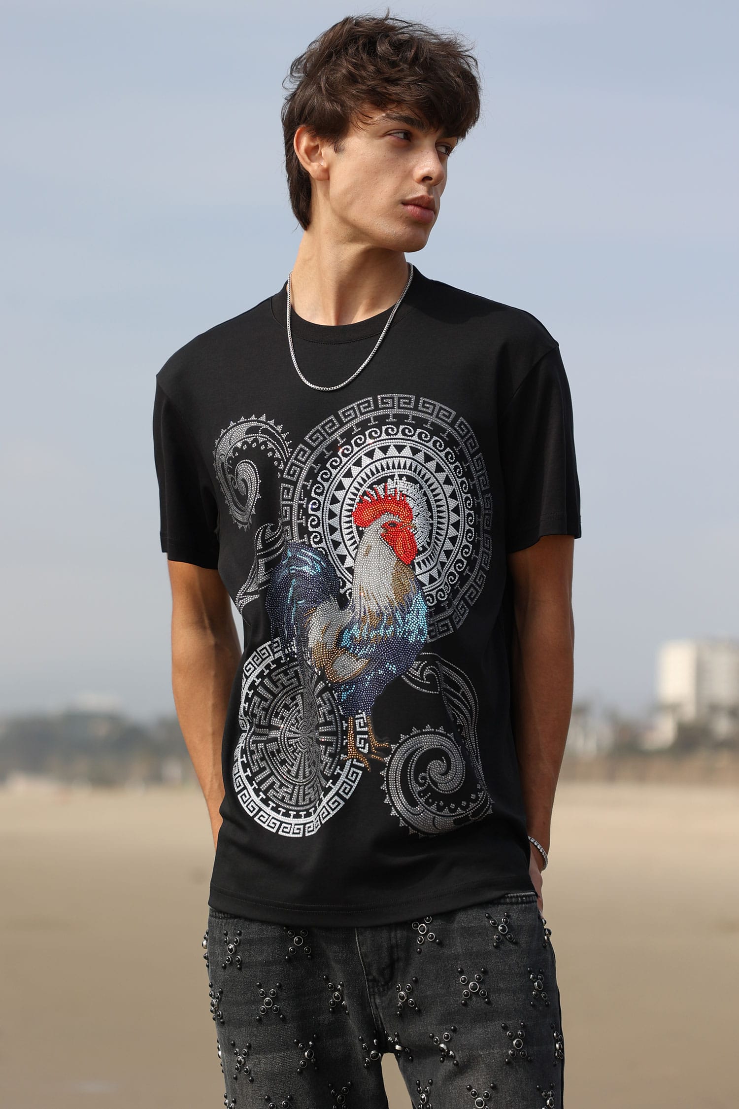 Barabas Men's Rooster Geometric Rhinestones Crew Neck Shirt 6TR05 Black