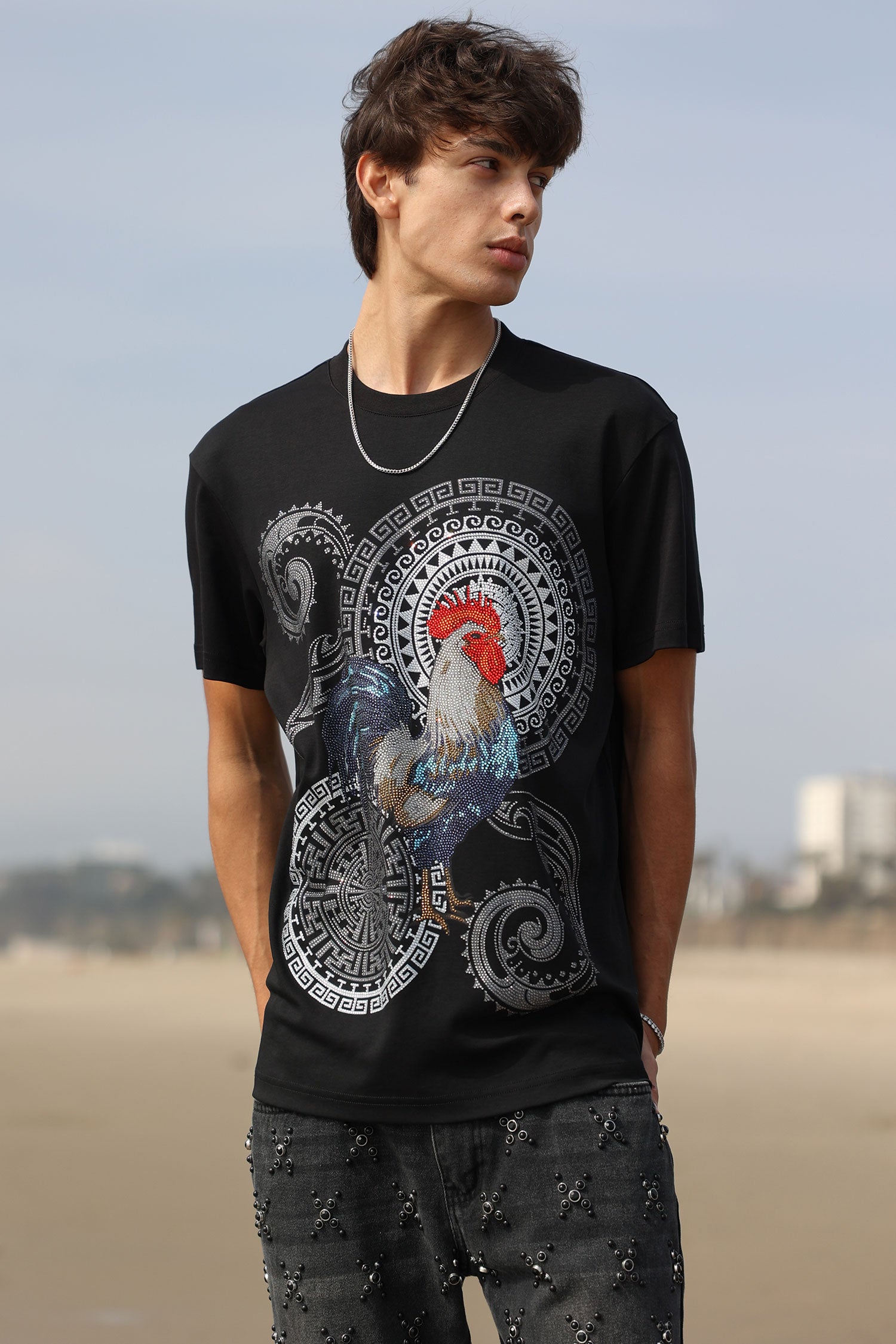 Barabas Men's Rooster Geometric Rhinestones Crew Neck Shirt 6TR05 Black
