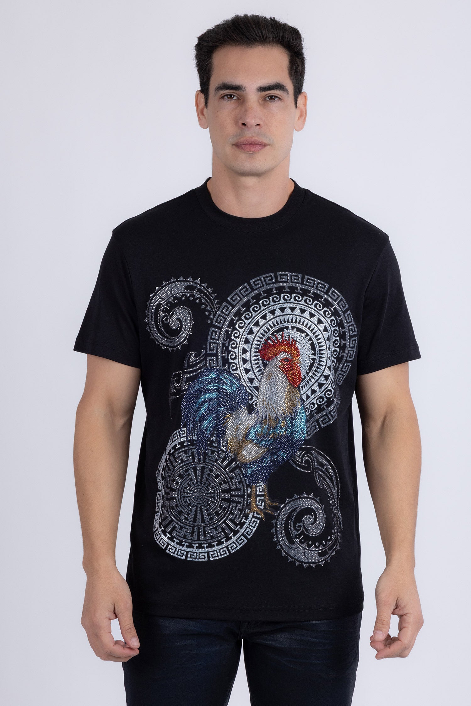 Barabas Men's Rooster Geometric Rhinestones Crew Neck Shirt 6TR05 Black