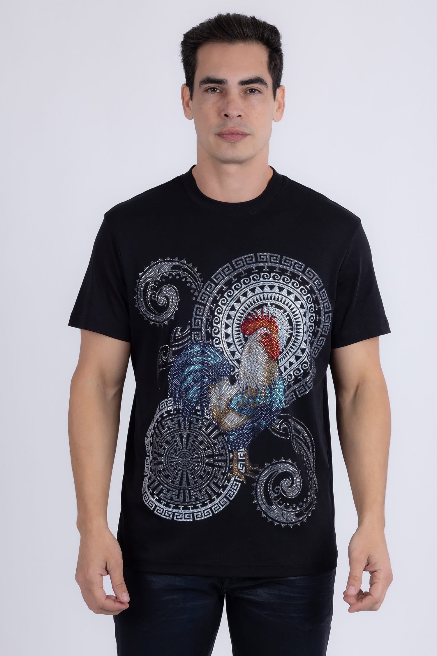 Barabas Men's Rooster Geometric Rhinestones Crew Neck Shirt 6TR05 Black