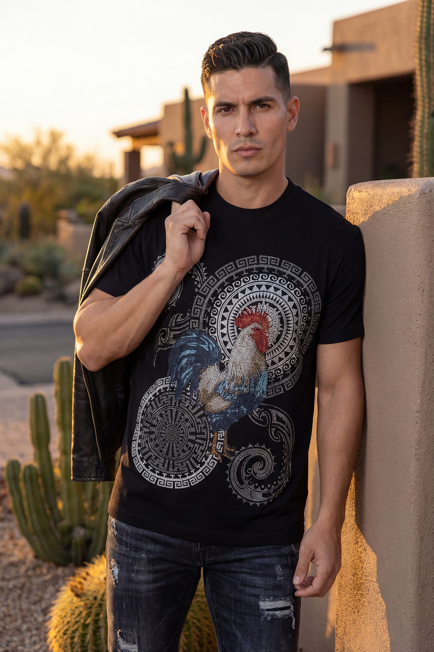 Barabas Men's Rooster Geometric Rhinestones Crew Neck Shirt 6TR05 Black