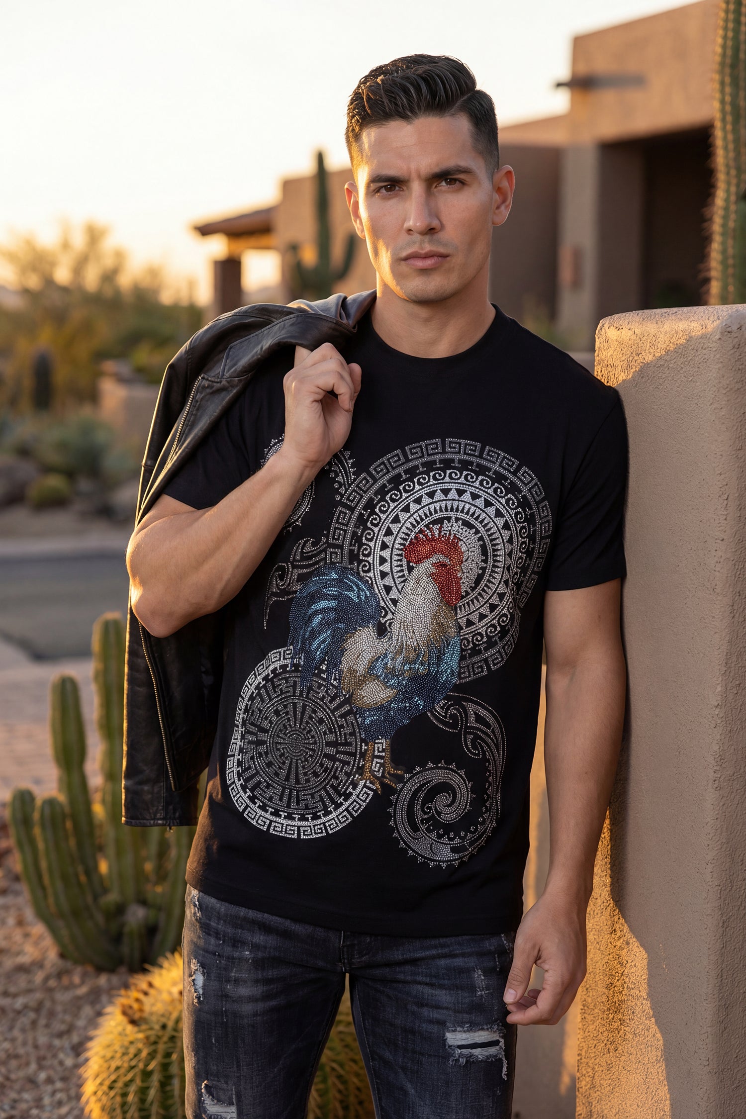 Barabas Men's Rooster Geometric Rhinestones Crew Neck Shirt 6TR05 Black