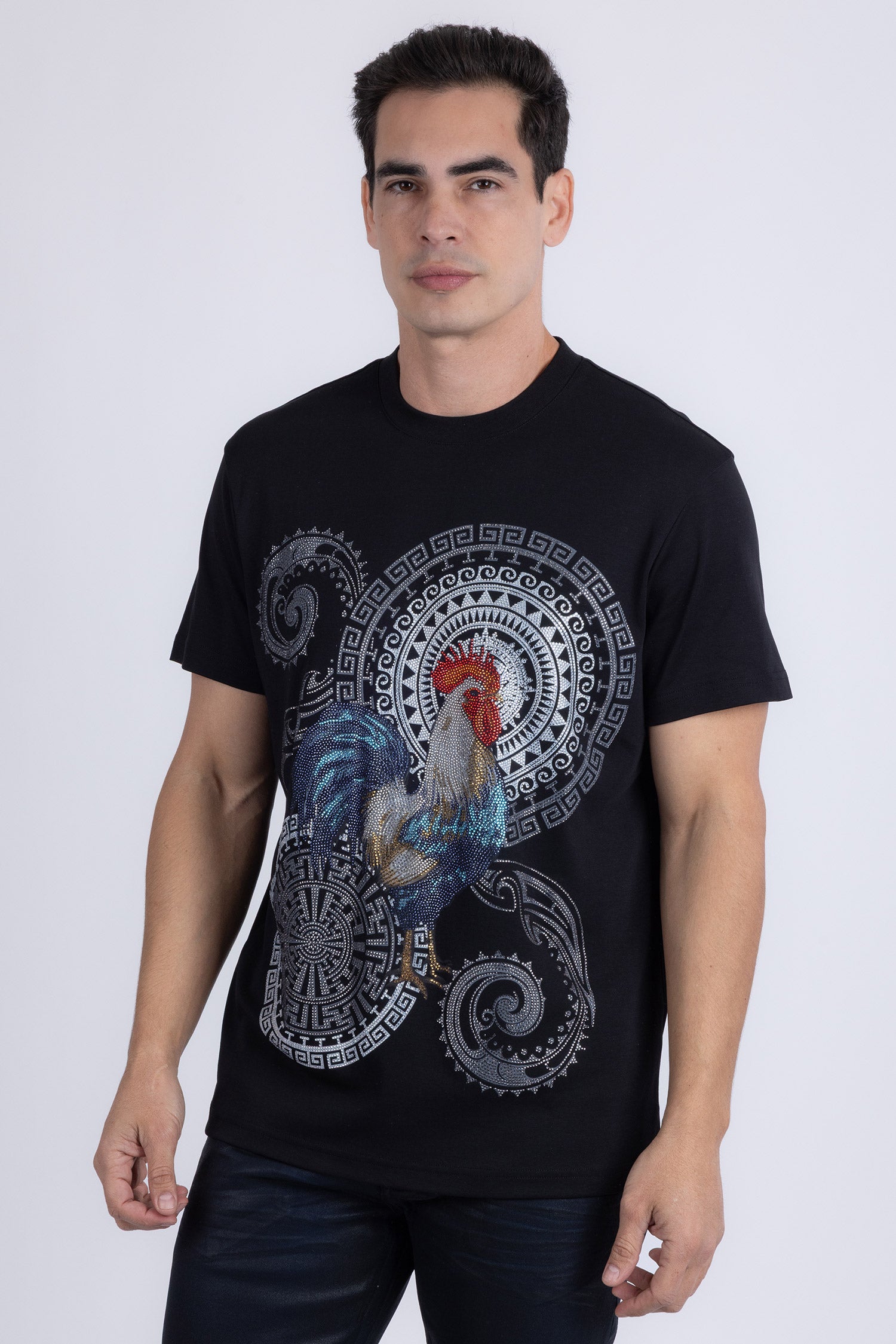 Barabas Men's Rooster Geometric Rhinestones Crew Neck Shirt 6TR05 Black