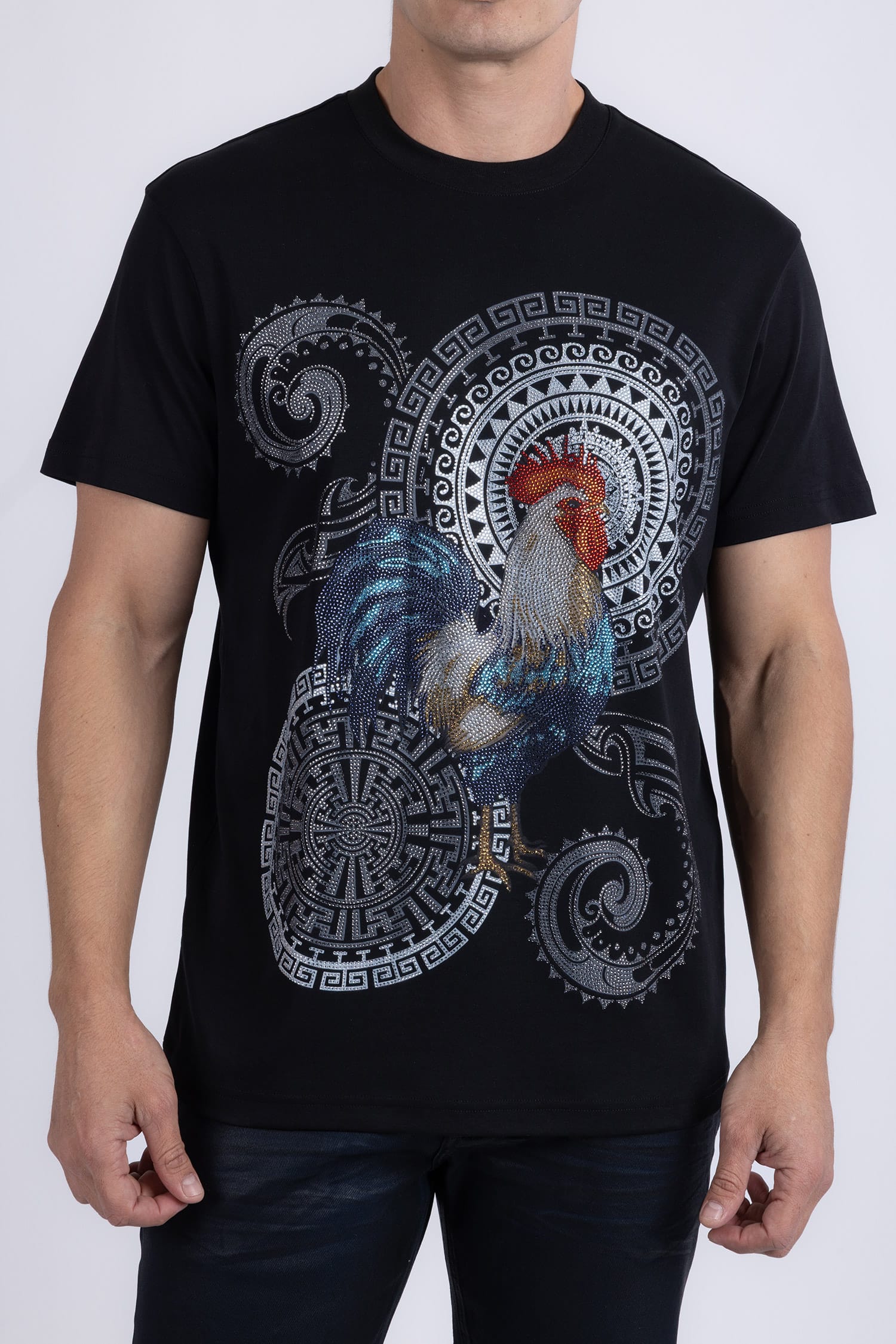 Barabas Men's Rooster Geometric Rhinestones Crew Neck Shirt 6TR05 Black