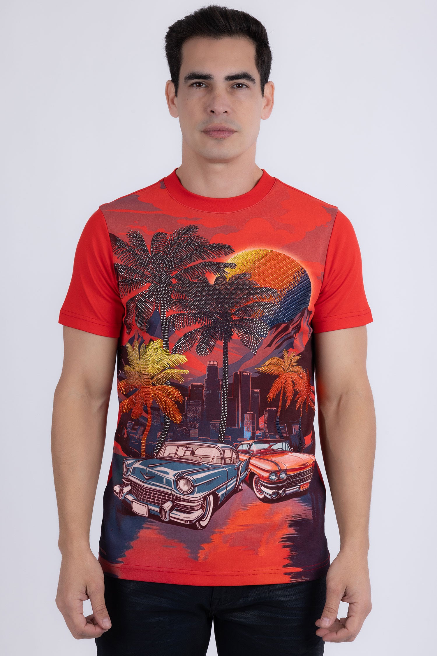 Barabas Men's Miami Classic Cars Rhinestones Crew Neck Shirt 6TR06 Red
