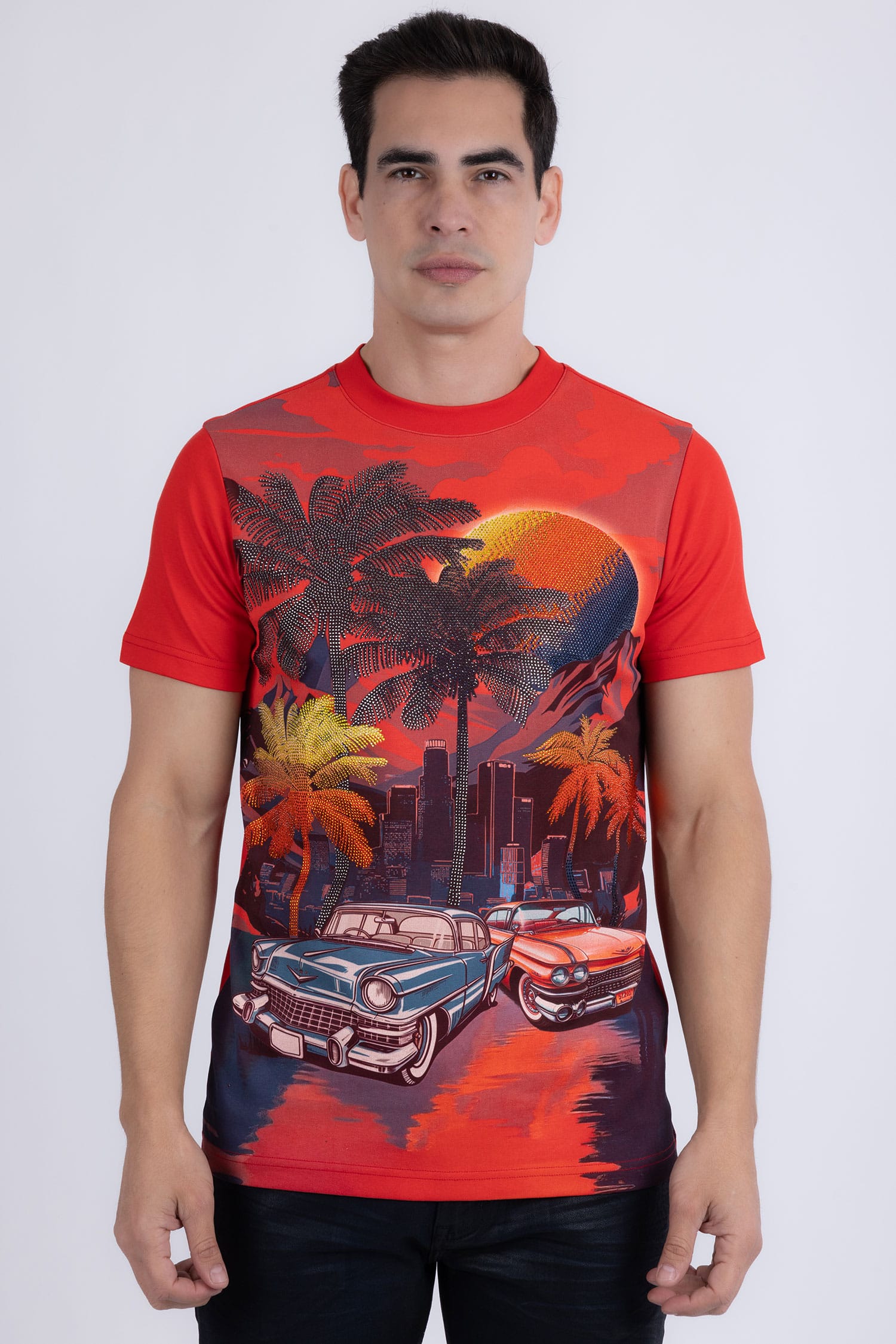 Barabas Men's Miami Classic Cars Rhinestones Crew Neck Shirt 6TR06 Red