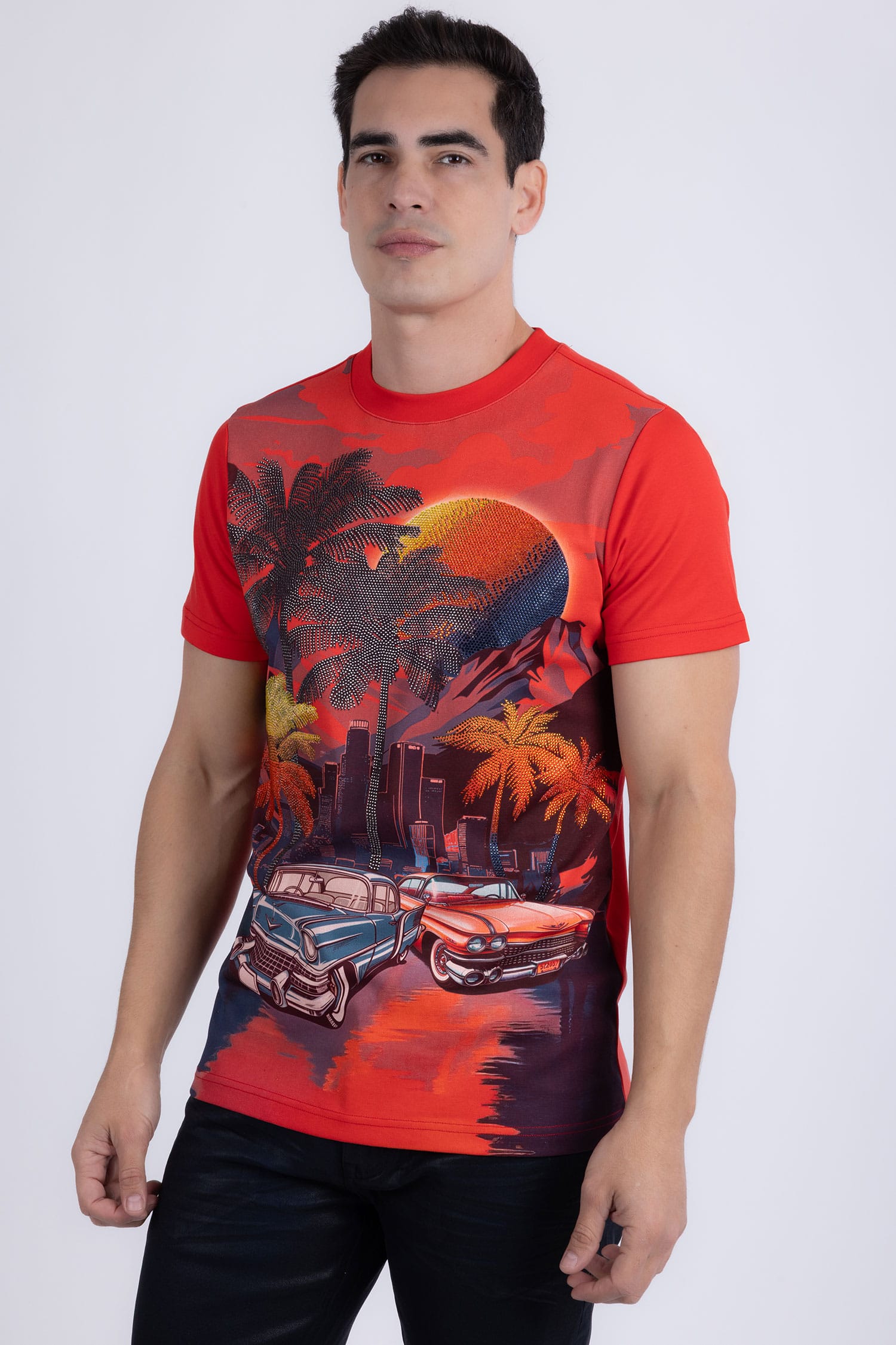 Barabas Men's Miami Classic Cars Rhinestones Crew Neck Shirt 6TR06 Red