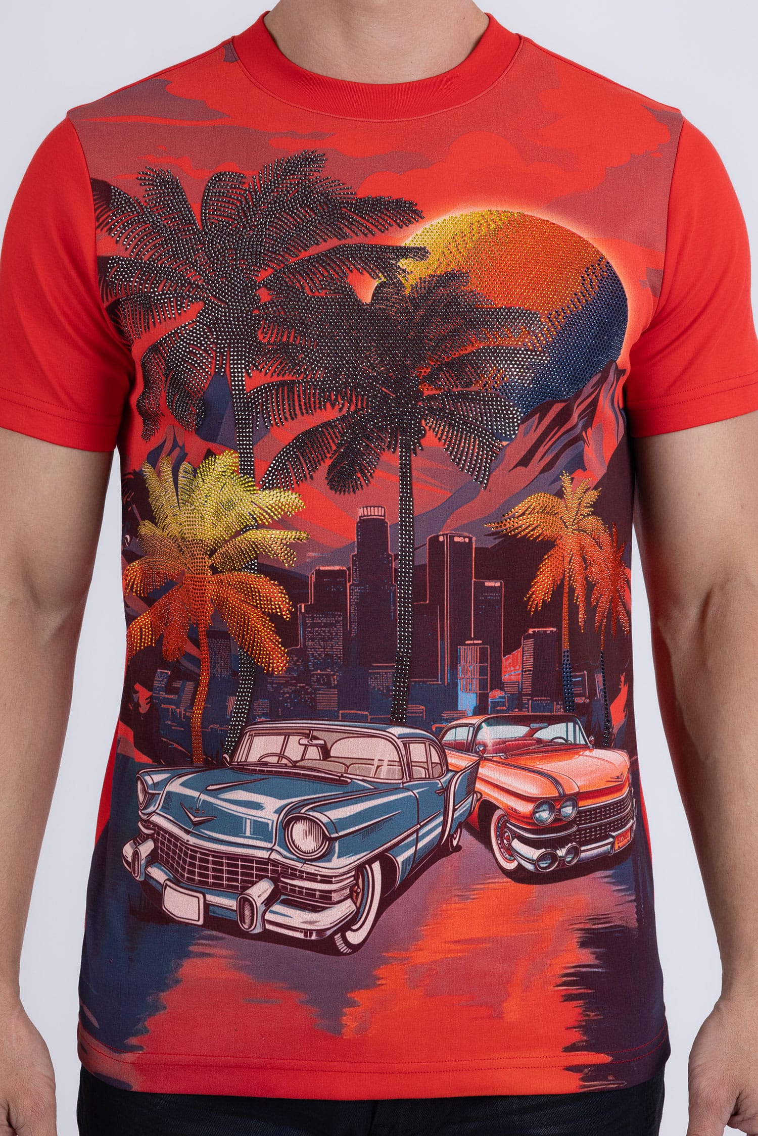 Barabas Men's Miami Classic Cars Rhinestones Crew Neck Shirt 6TR06 Red