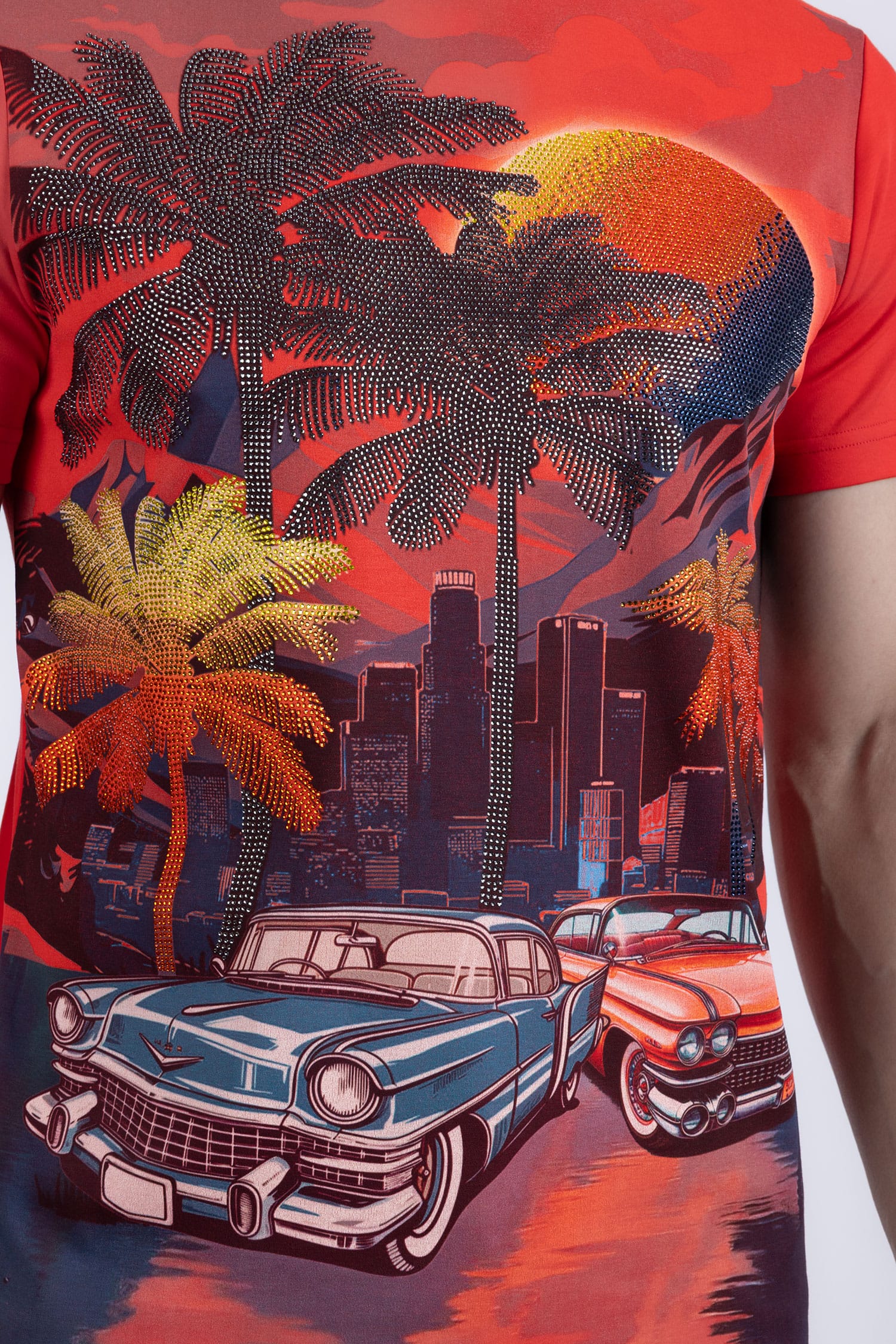 Barabas Men's Miami Classic Cars Rhinestones Crew Neck Shirt 6TR06 Red