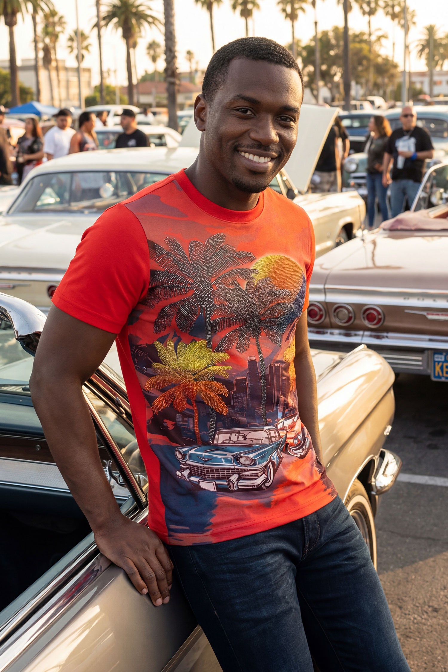 Barabas Men's Miami Classic Cars Rhinestones Crew Neck Shirt 6TR06 Red