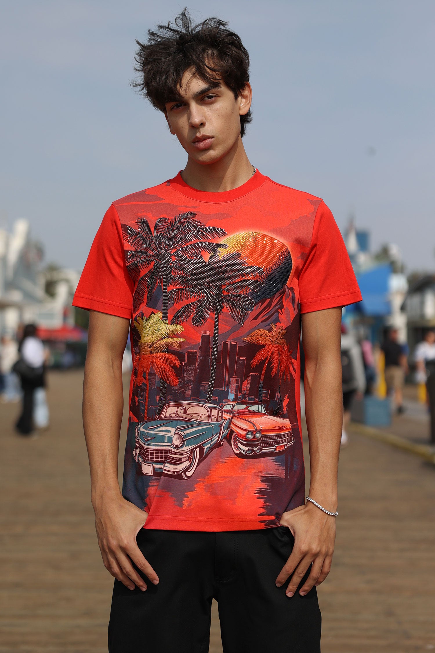 Barabas Men's Miami Classic Cars Rhinestones Crew Neck Shirt 6TR06 Red