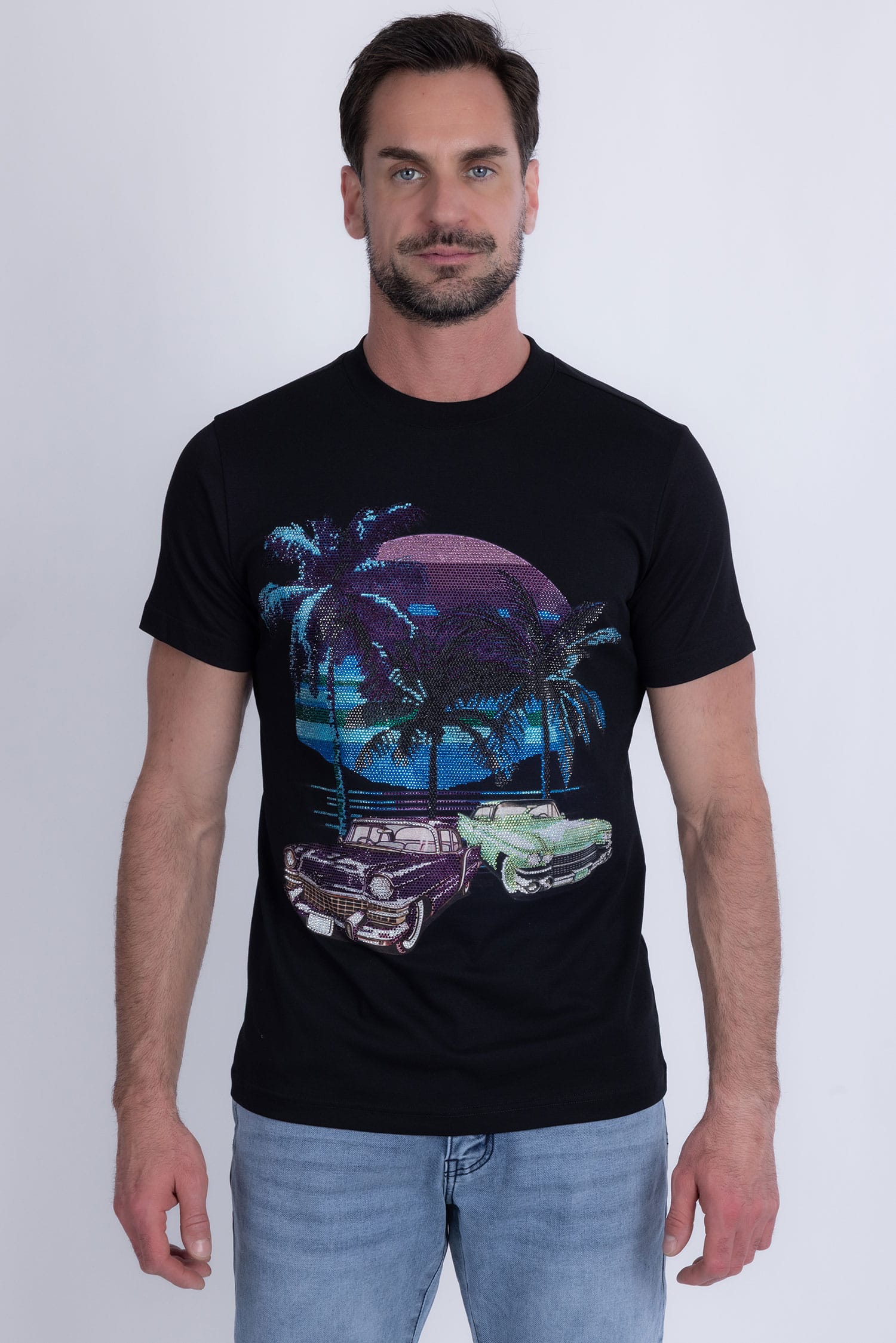 Barabas Men's Palm Beach Rhinestone Stretch Crew Neck T-Shirt 6TR07 Black
