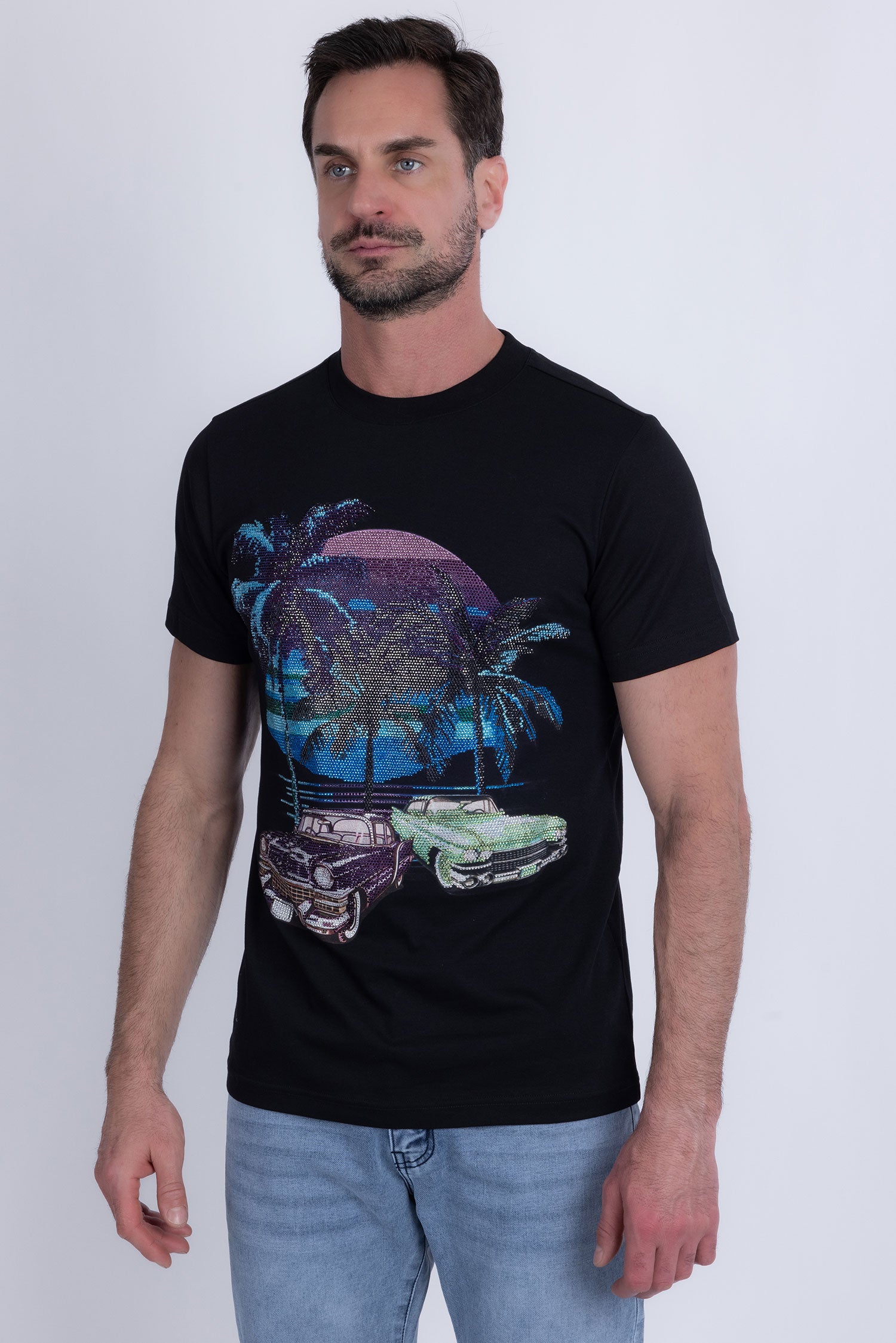 Barabas Men's Palm Beach Rhinestone Stretch Crew Neck T-Shirt 6TR07 Black