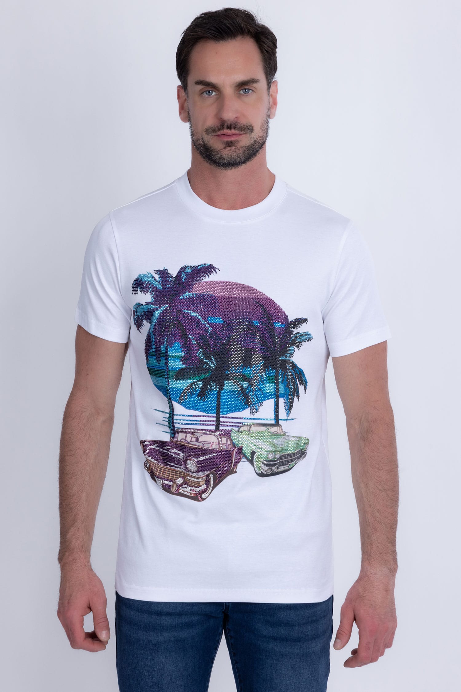 Barabas Men's Palm Beach Rhinestone Stretch Crew Neck T-Shirt 6TR07 White