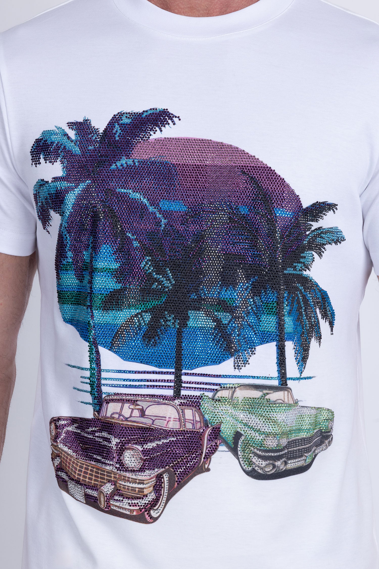 Barabas Men's Palm Beach Rhinestone Stretch Crew Neck T-Shirt 6TR07 White