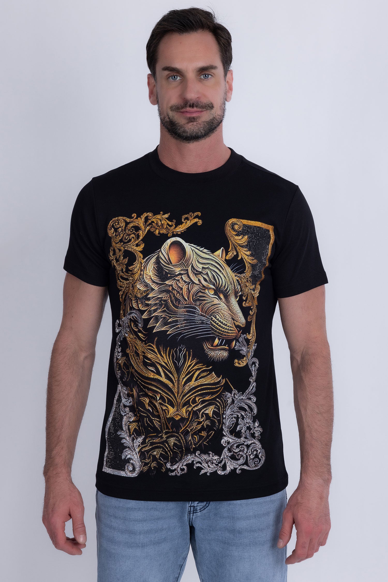 Barabas Men's Panther Rhinestone Stretch Crew Neck T-Shirt 6TR08 Black