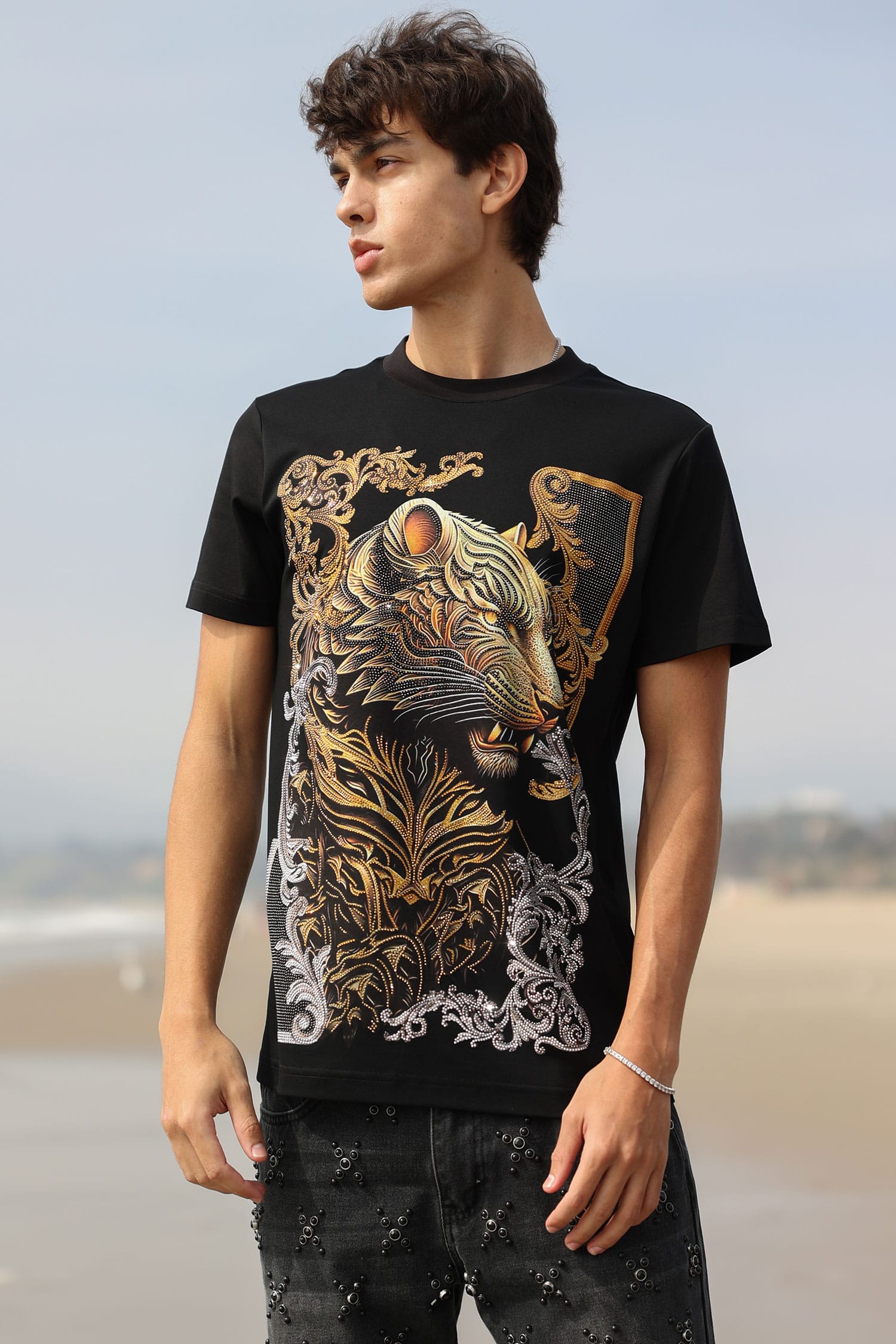 Barabas Men's Panther Rhinestone Stretch Crew Neck T-Shirt 6TR08 Black