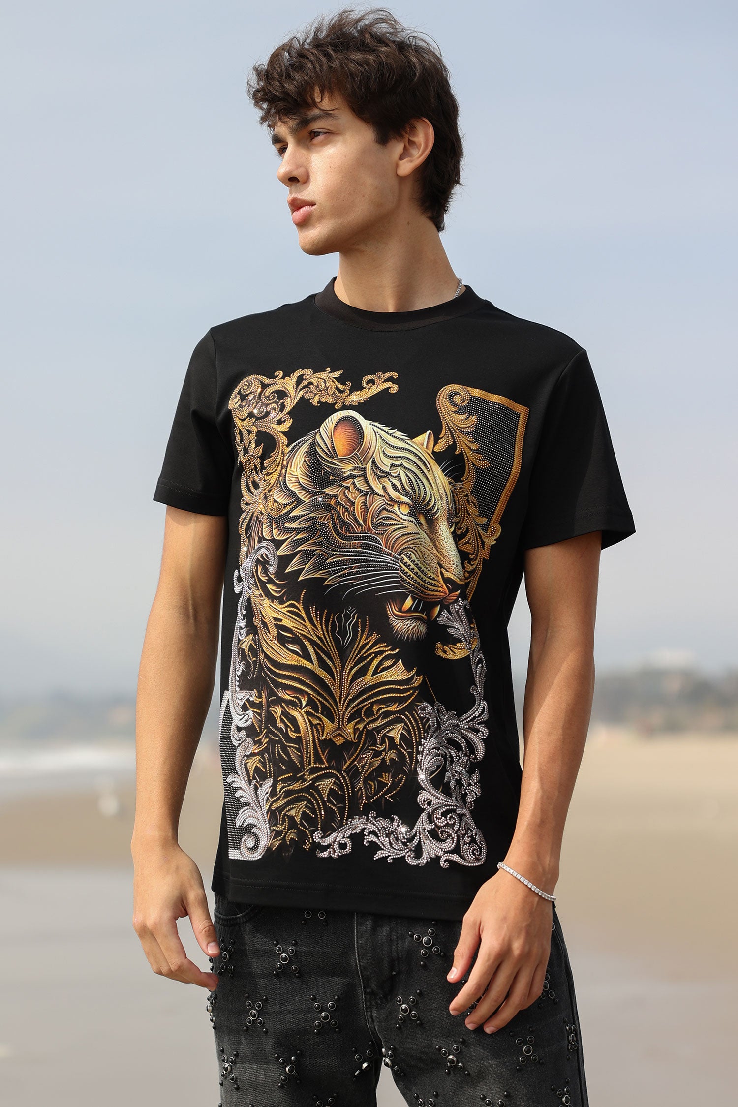 Barabas Men's Panther Rhinestone Stretch Crew Neck T-Shirt 6TR08 Black