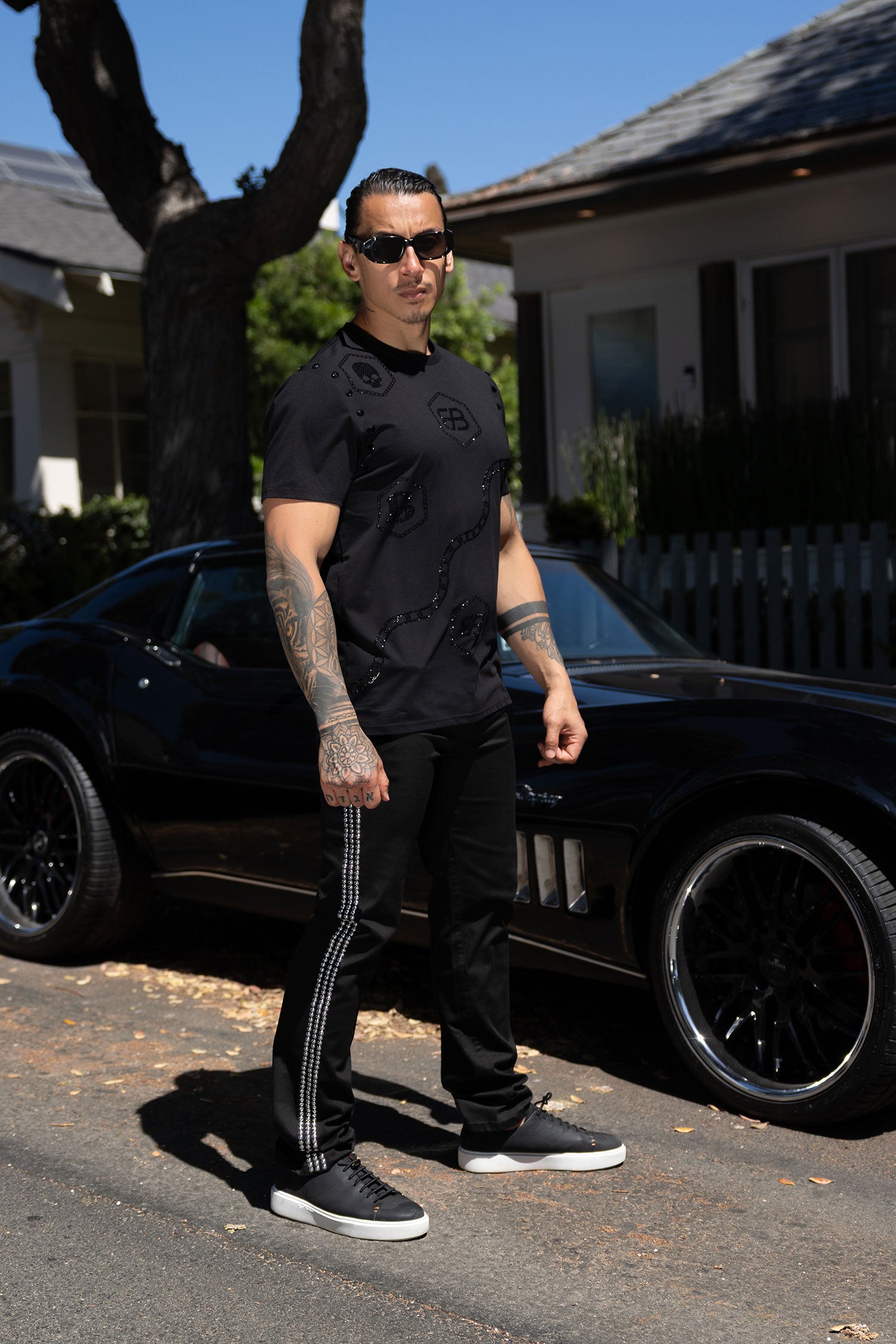 Barabas Men's Rhinestone Geometric Crew-neck T-shirt 6TR11 Black
