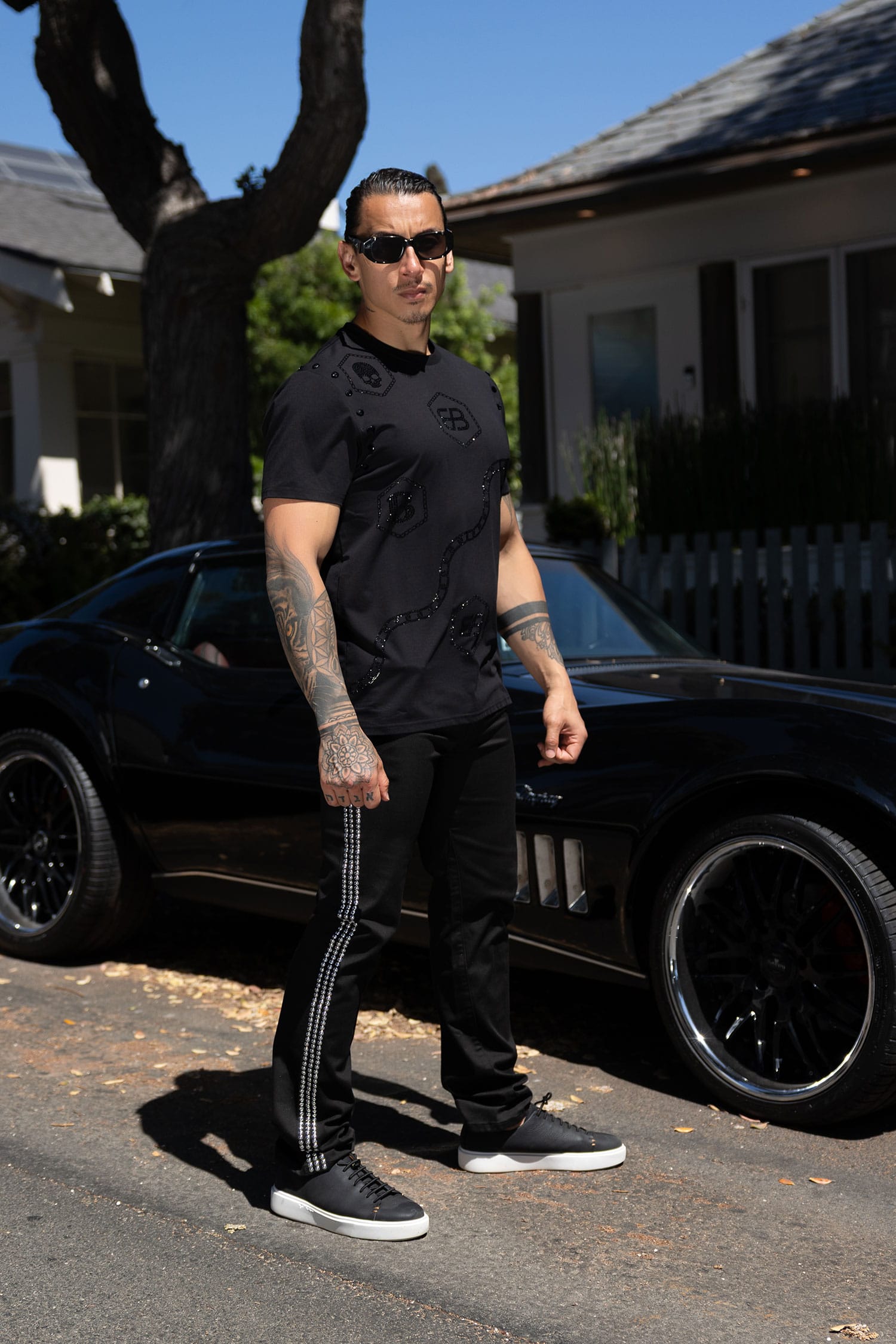 Barabas Men's Rhinestone Geometric Crew-neck T-shirt 6TR11 Black
