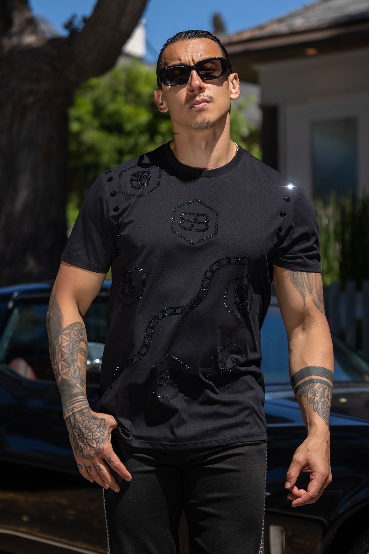 Barabas Men's Rhinestone Geometric Crew-neck T-shirt 6TR11 Black