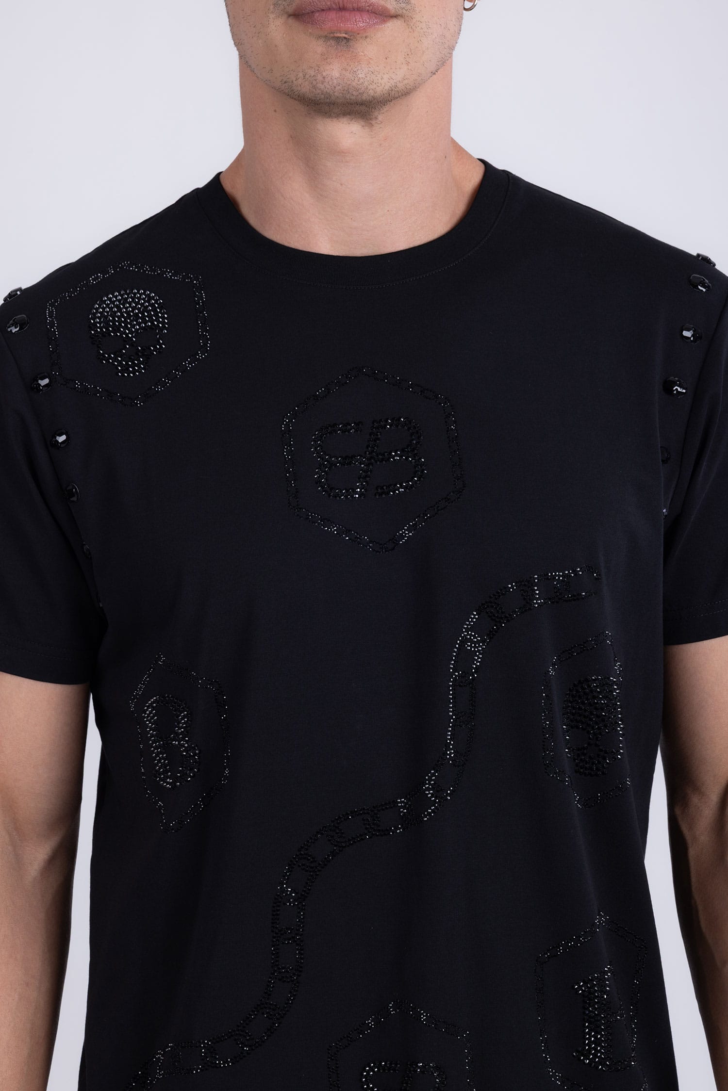 Barabas Men's Rhinestone Geometric Crew-neck T-shirt 6TR11 Black Silver