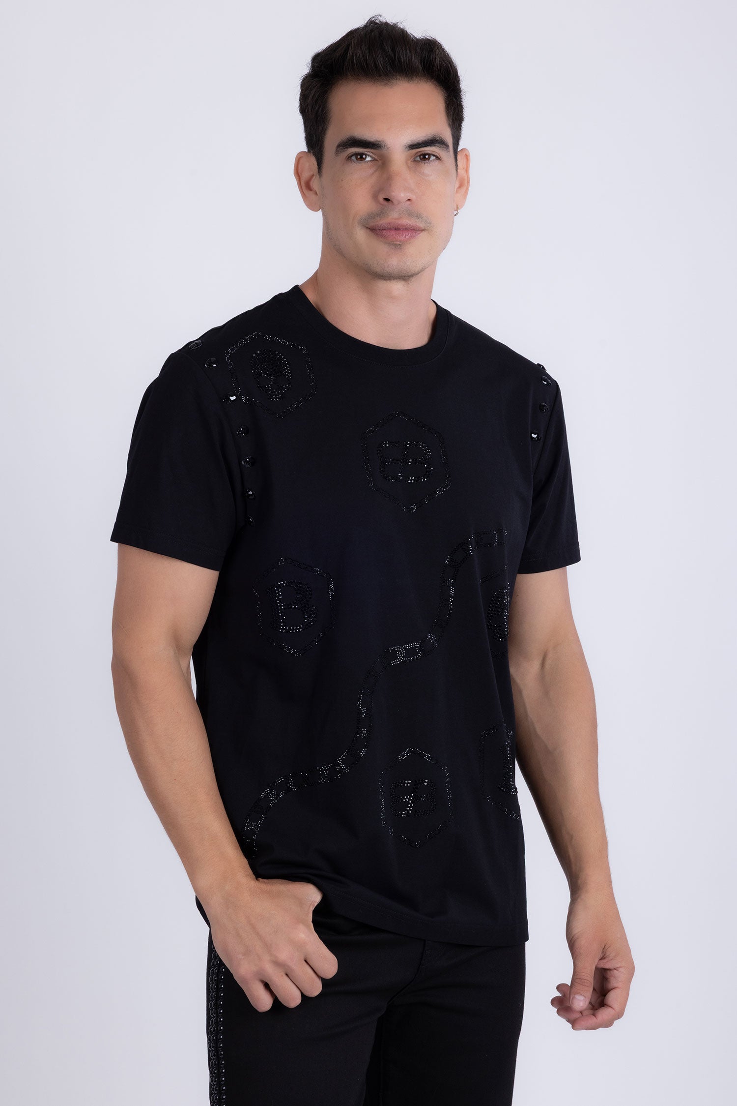 Barabas Men's Rhinestone Geometric Crew-neck T-shirt 6TR11 Black