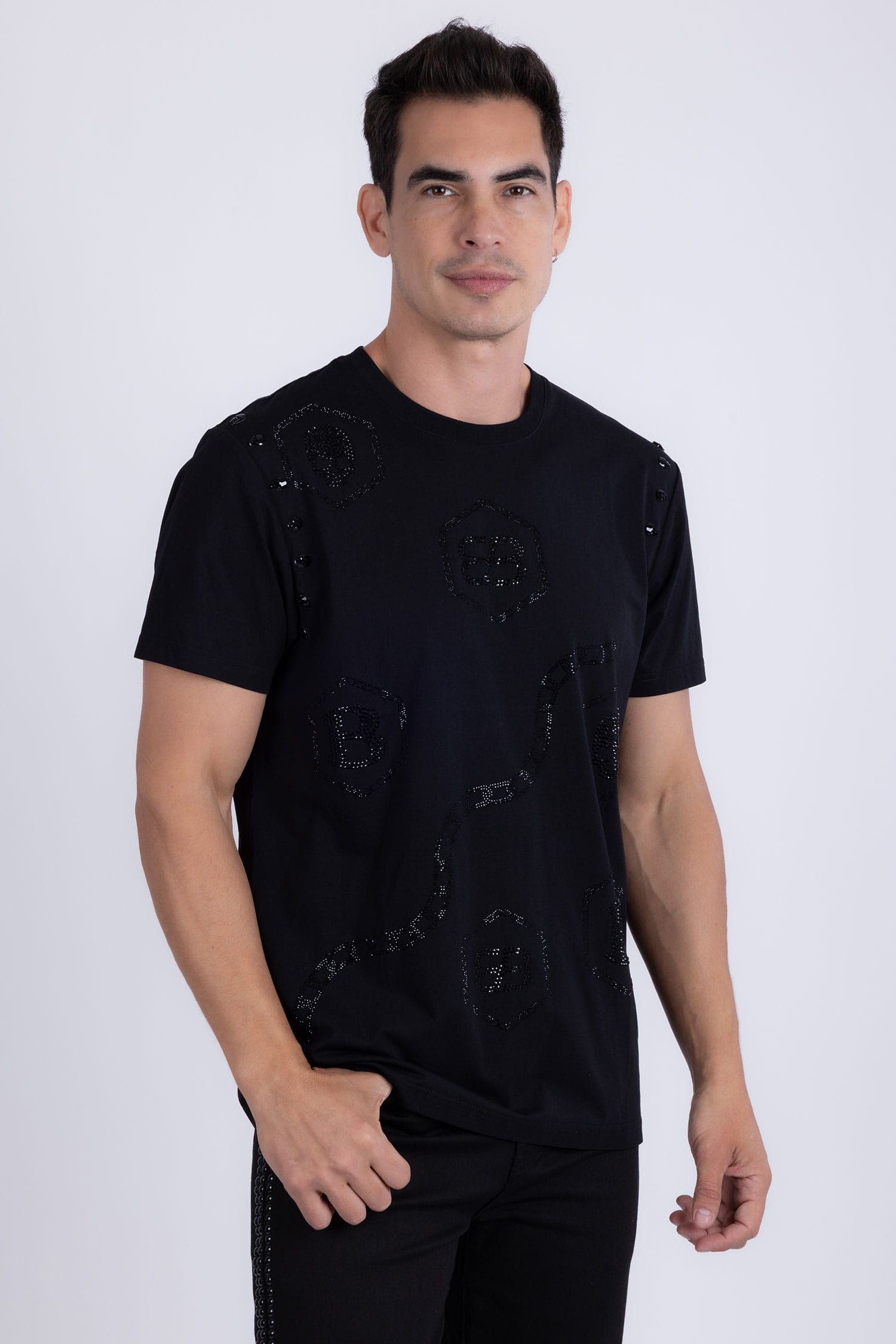 Barabas Men's Rhinestone Geometric Crew-neck T-shirt 6TR11 Black