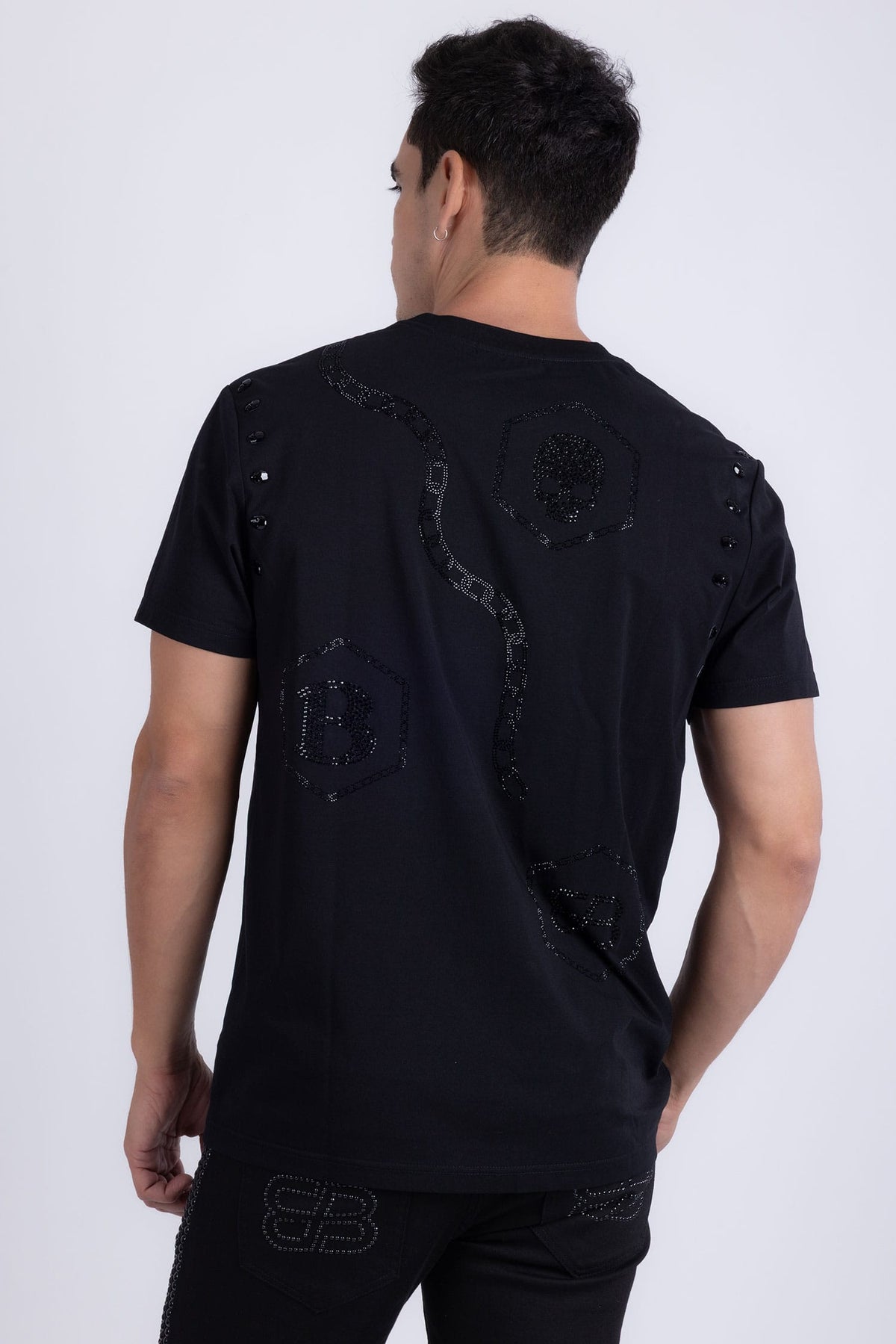 Barabas Men's Rhinestone Geometric Crew-neck T-shirt 6TR11 Black