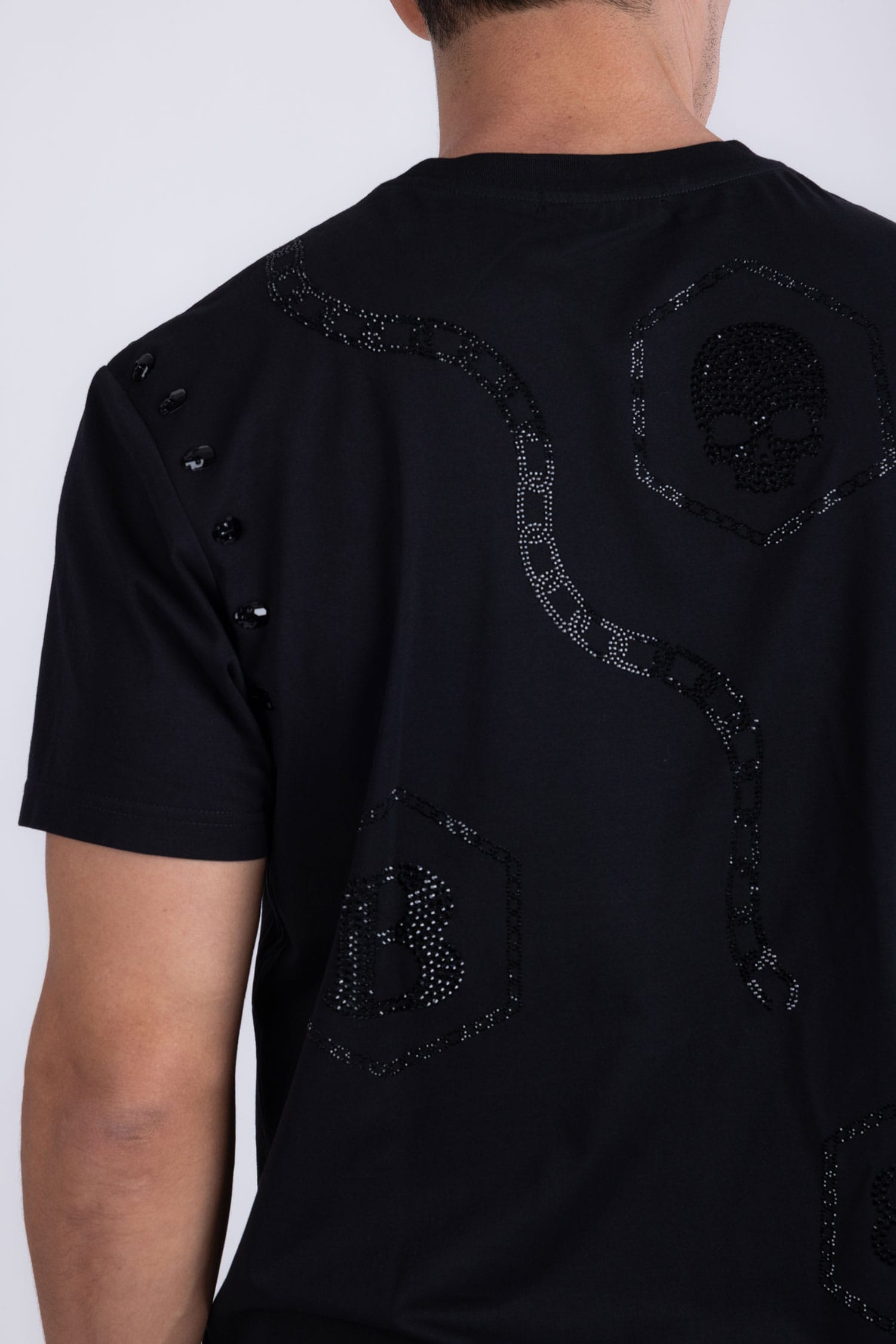 Barabas Men's Rhinestone Geometric Crew-neck T-shirt 6TR11 Black Silver