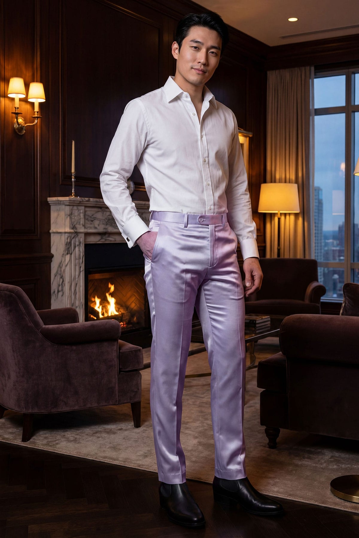 Barabas Men's Solid Color Shiny Dress Pants 6VP1010 Lilac