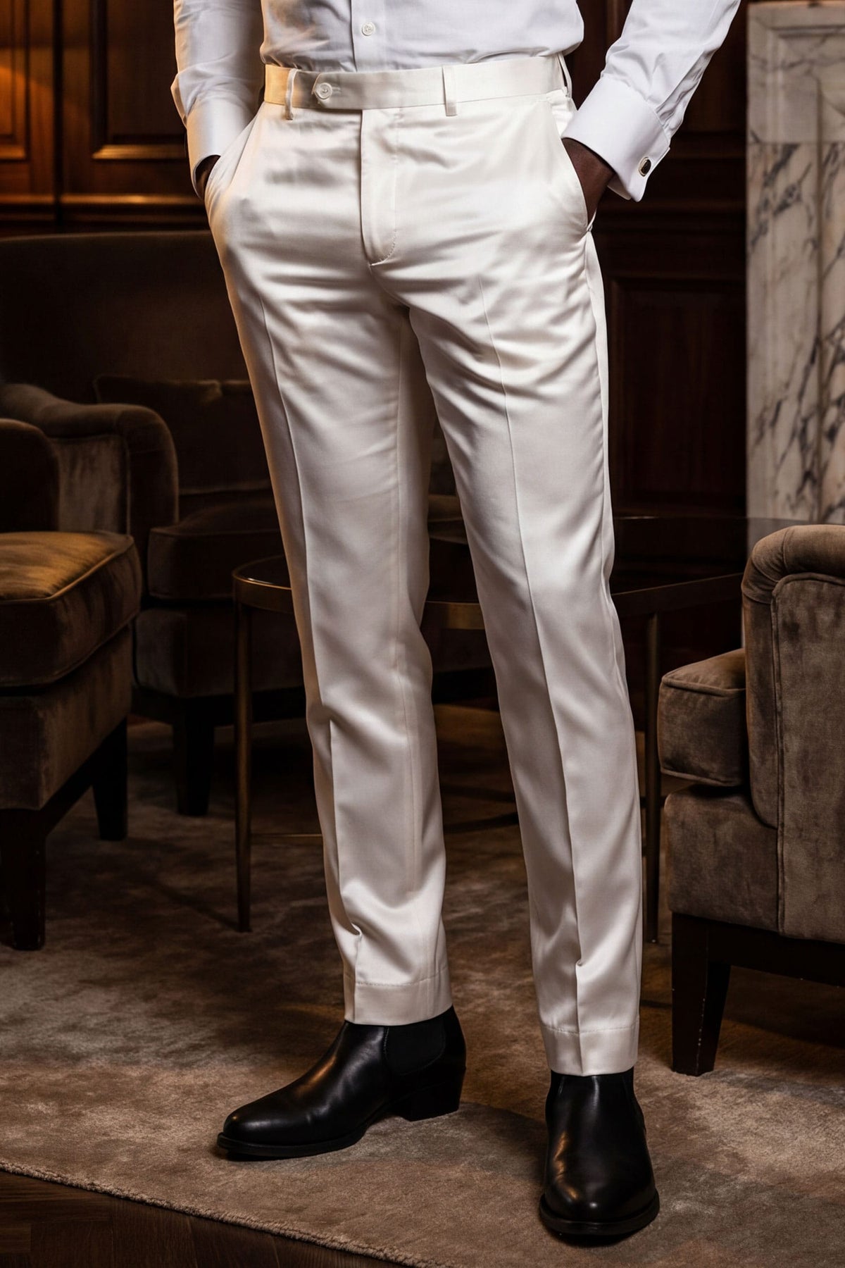 Barabas Men's Solid Color Shiny Dress Pants 6VP1010 White