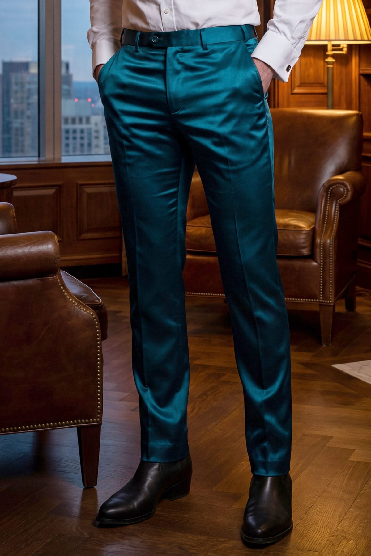Barabas Men's Solid Color Shiny Dress Pants 6VP1010 Green