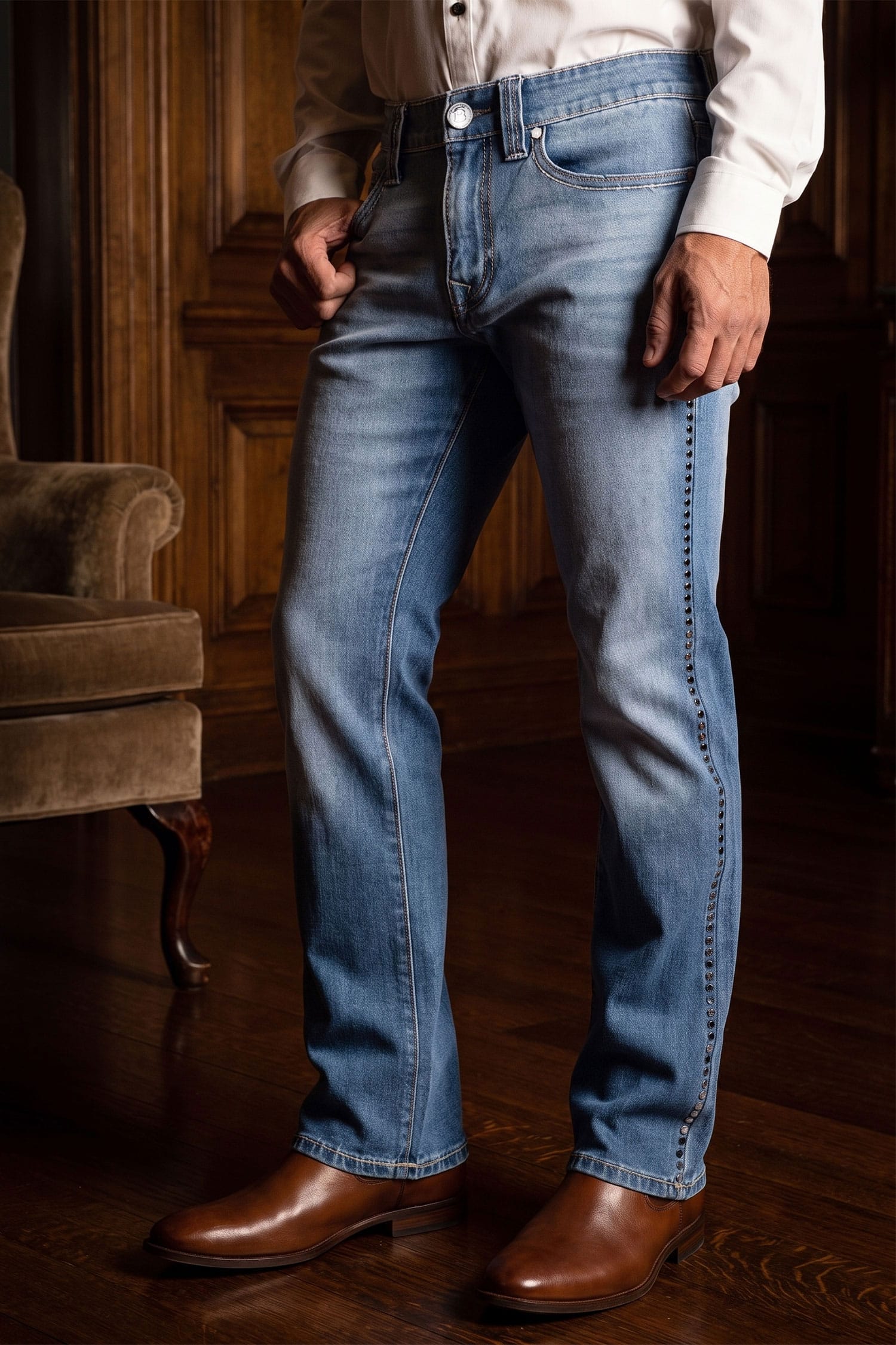 Men's Western Fleur-De-Lis "B' Straight-Fit Jeans | BARABAS 6WD02 Light Blue