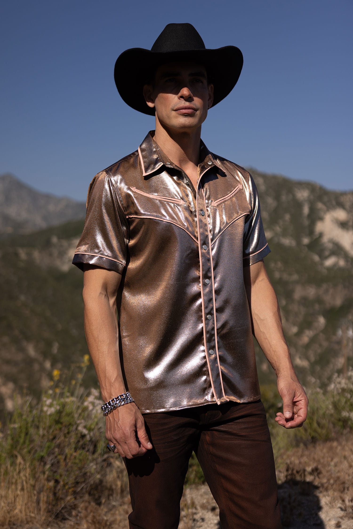 Barabas Men's Metallic Shiny Short Sleeve Casual Western Shirt 6WS02 Brown Light Pink