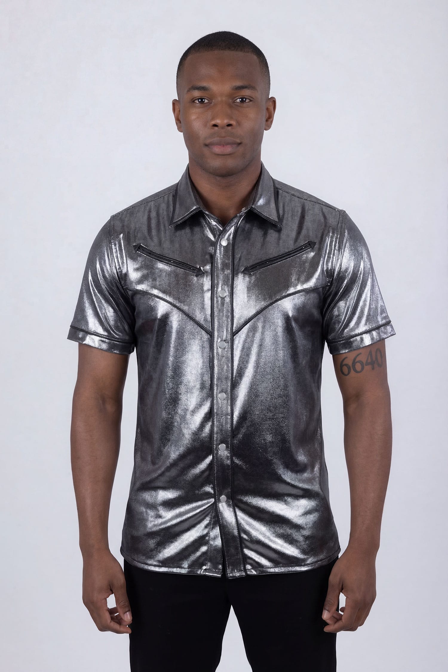 Barabas Men's Metallic Shiny Short Sleeve Casual Western Shirt 6WS02 Charcoal Brown