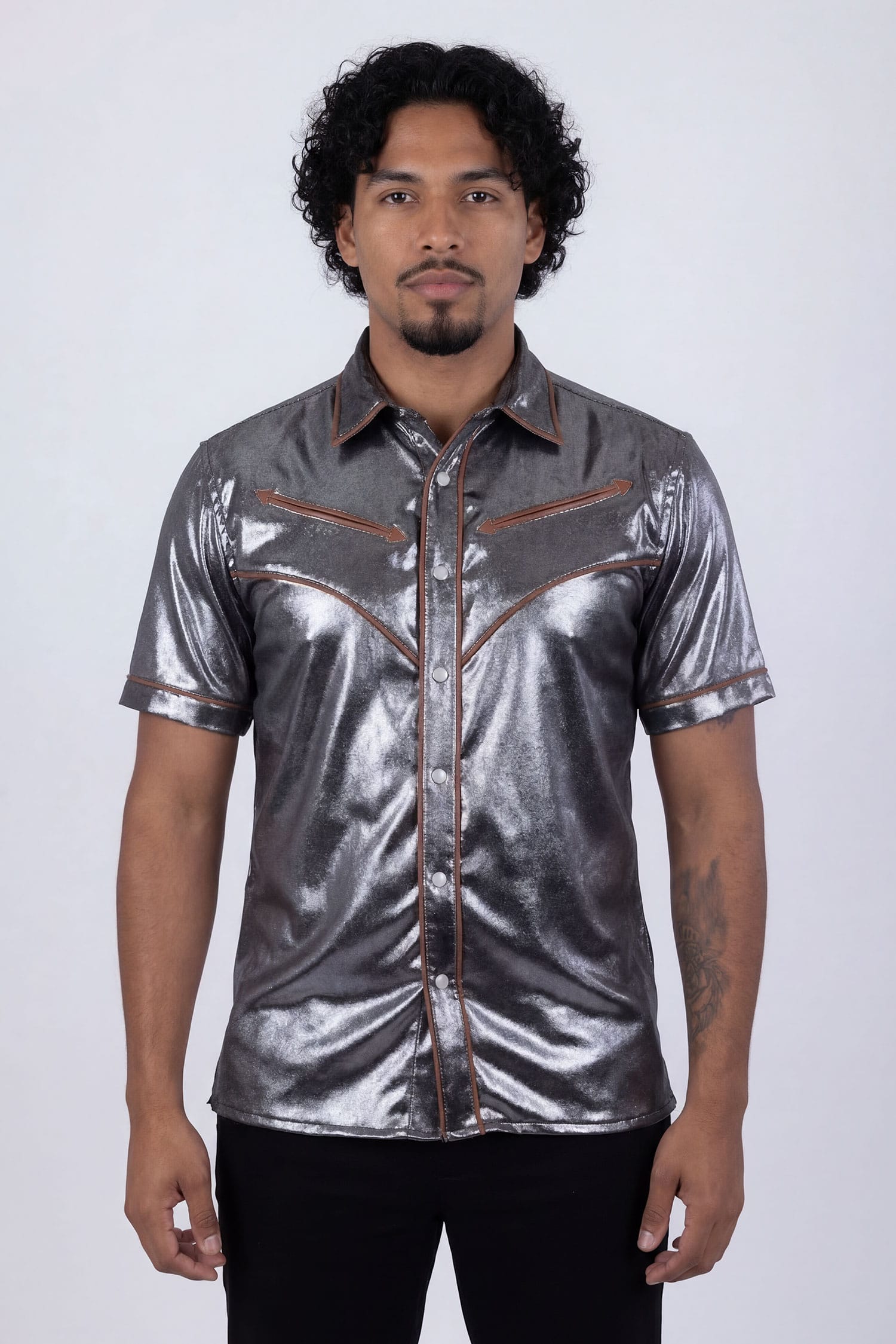 Barabas Men's Metallic Shiny Short Sleeve Casual Western Shirt 6WS02 Black Brown