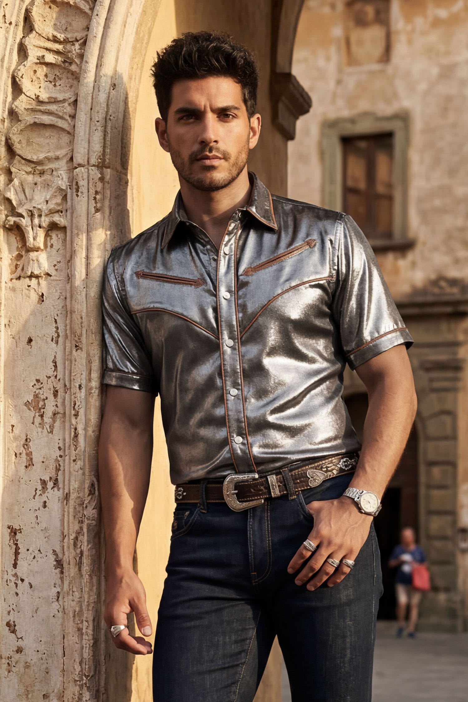 Barabas Men's Metallic Shiny Short Sleeve Casual Western Shirt 6WS02 Black Brown