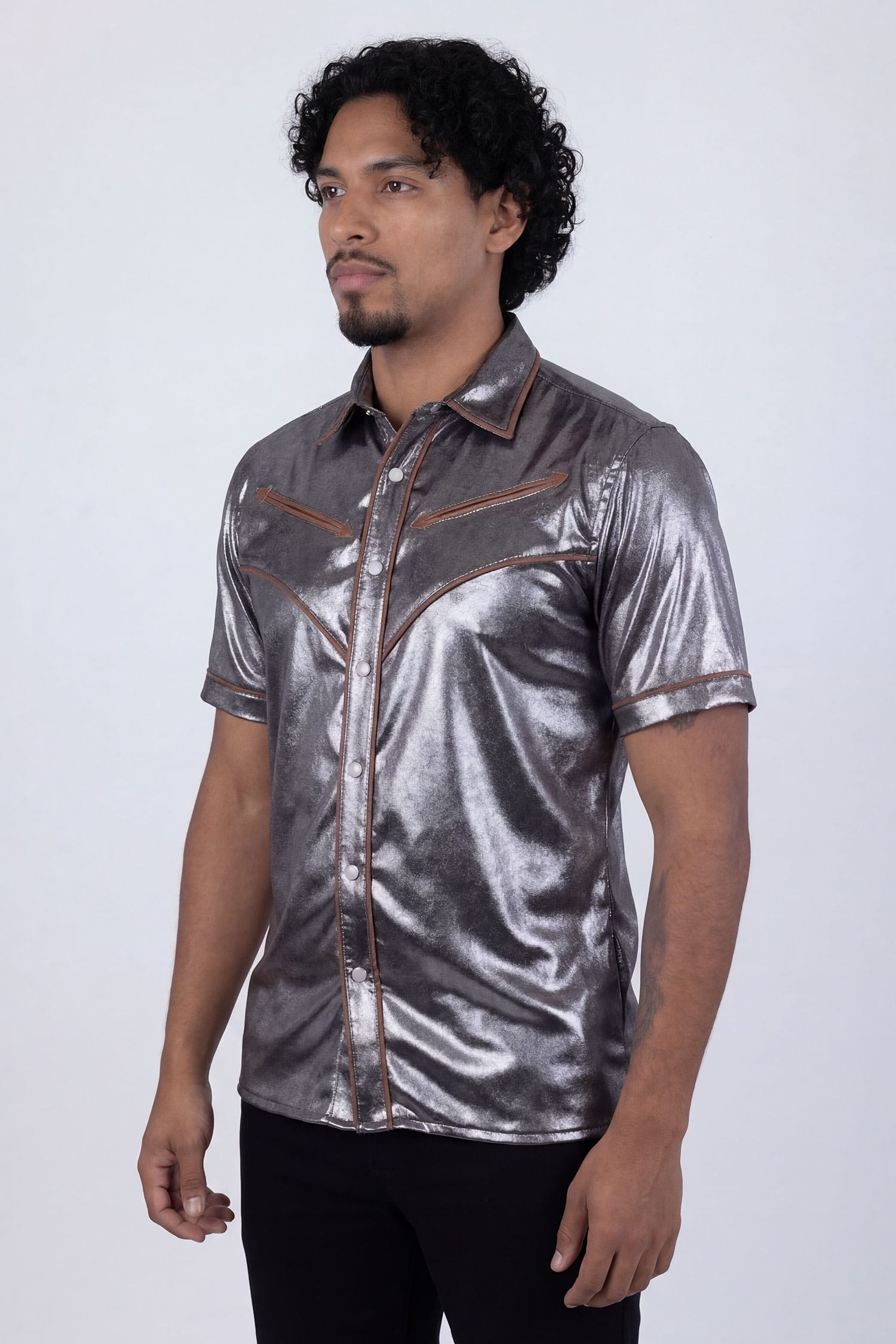 Barabas Men's Metallic Shiny Short Sleeve Casual Western Shirt 6WS02 Charcoal Brown