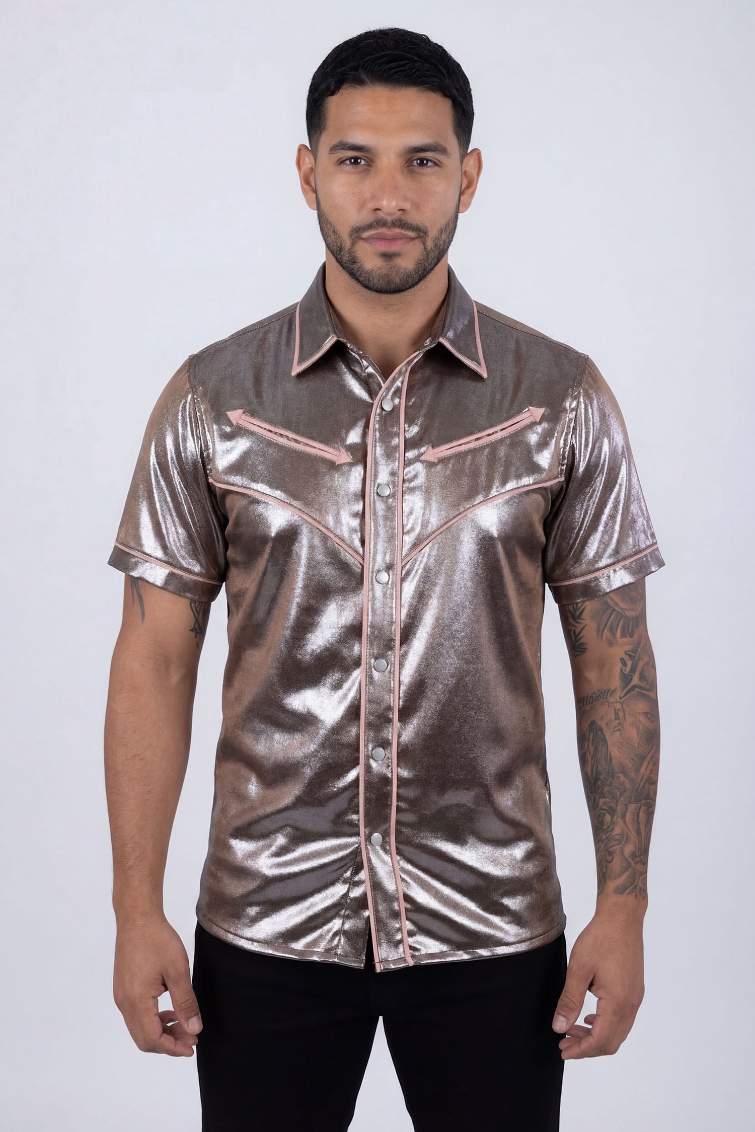 Barabas Men's Metallic Shiny Short Sleeve Casual Western Shirt 6WS02 Brown Pink