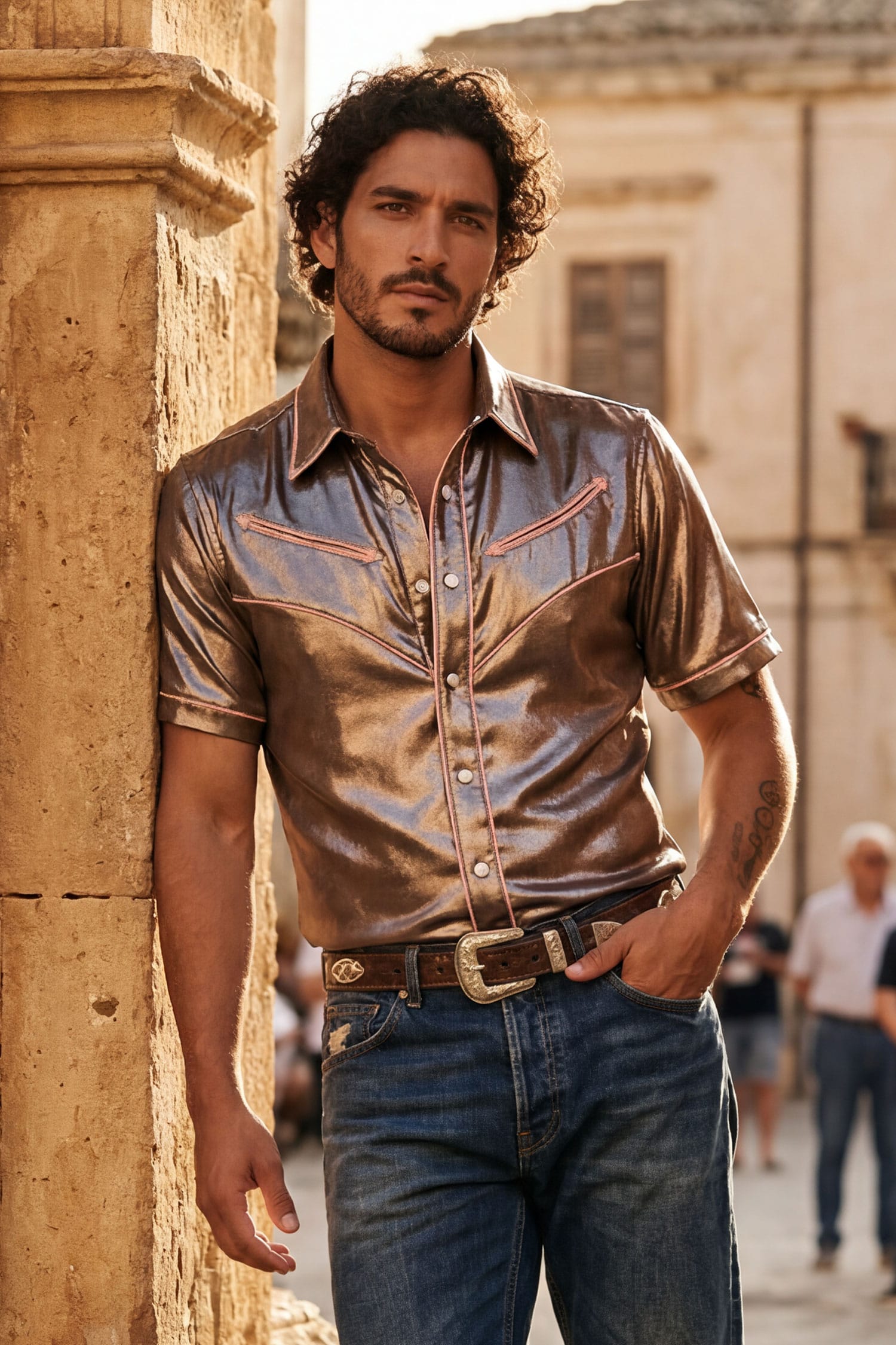 Barabas Men's Metallic Shiny Short Sleeve Casual Western Shirt 6WS02 Brown Light Pink
